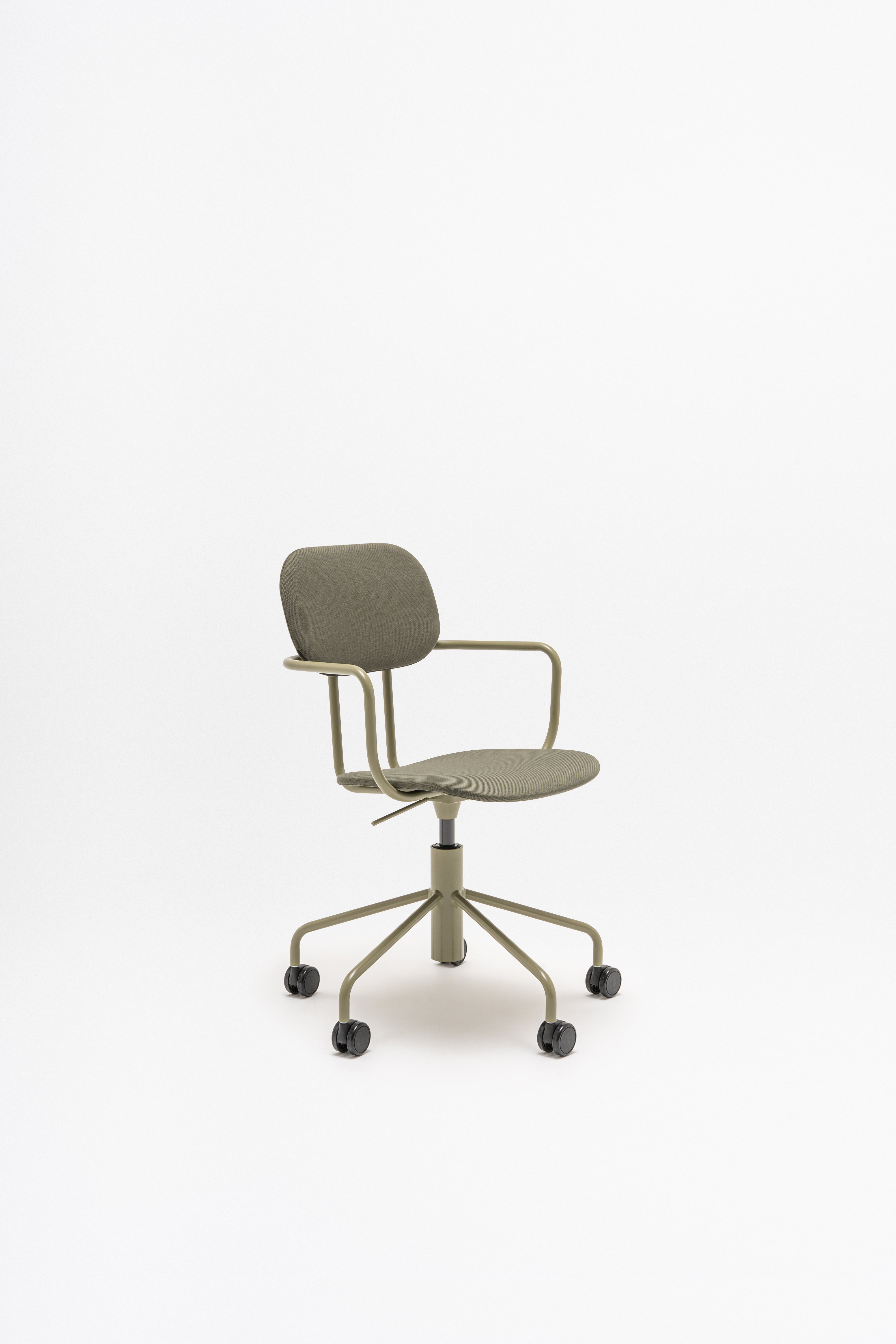 Office chair with adjustable new school base upholstered with wheels to the soft surface