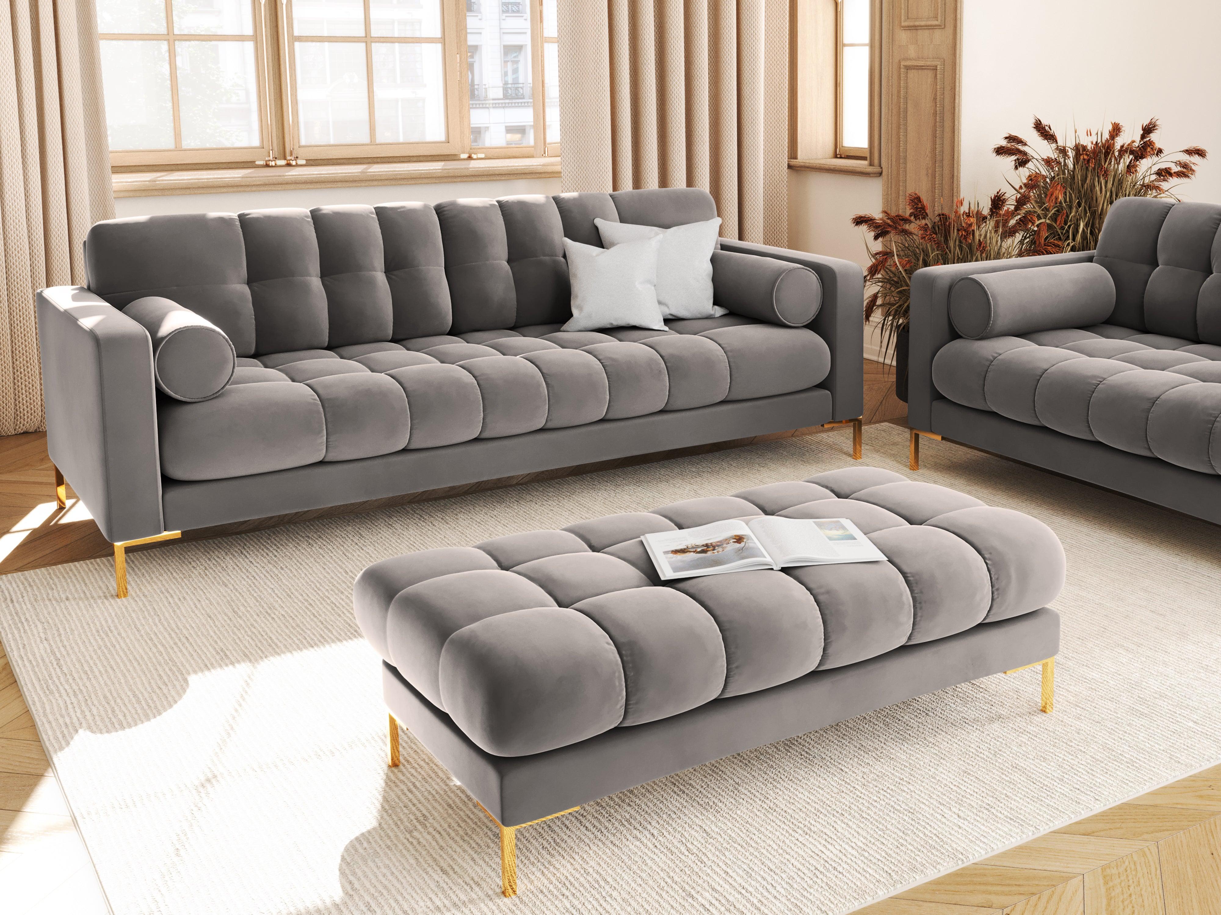 Sofa aksamitna 3-osobowa BALI jasnoszary ze złotą podstawą Cosmopolitan Design    Eye on Design