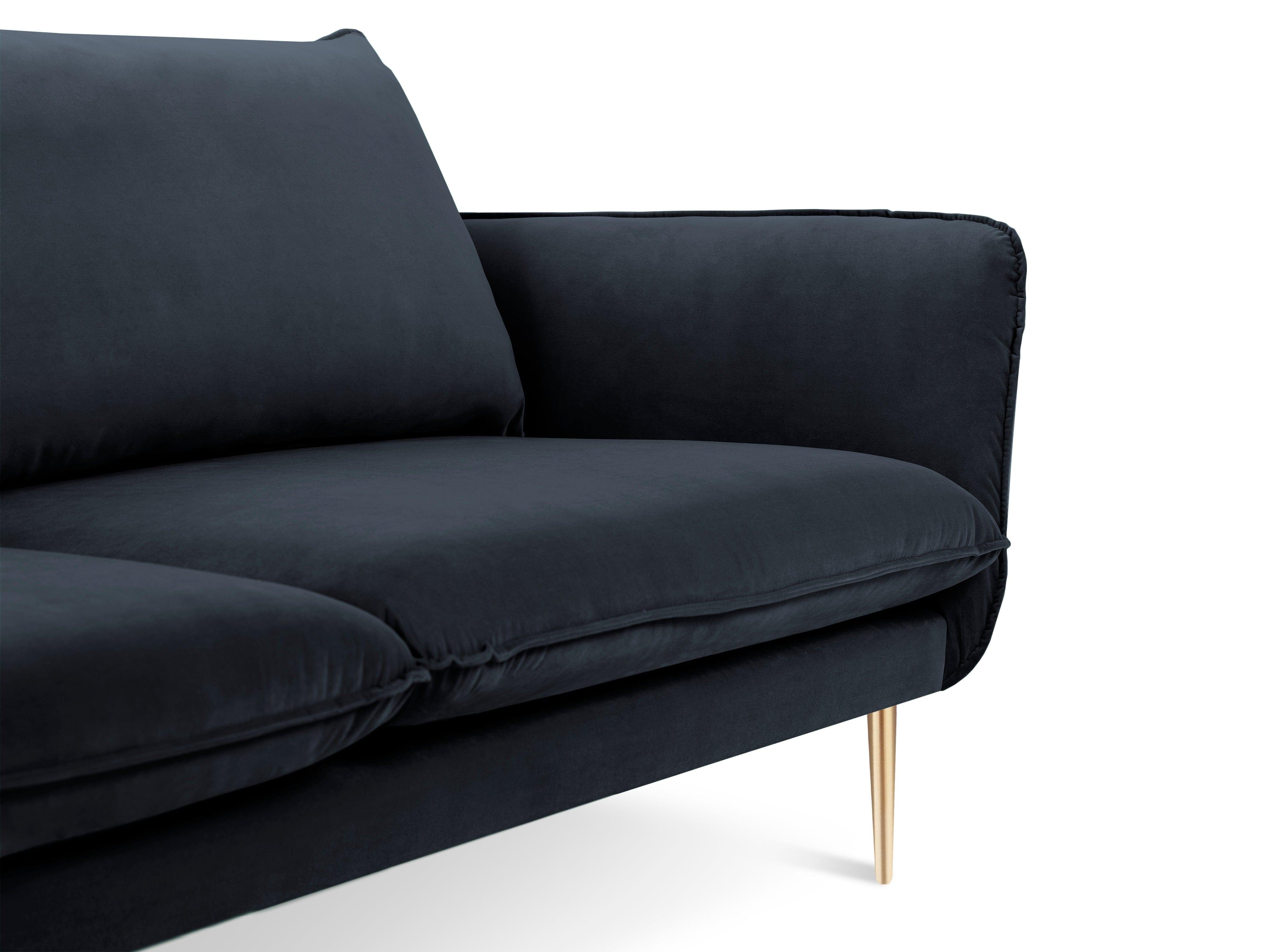 Sofa aksamitna 3-osobowa VIENNA granatowy ze złotą podstawą Cosmopolitan Design    Eye on Design