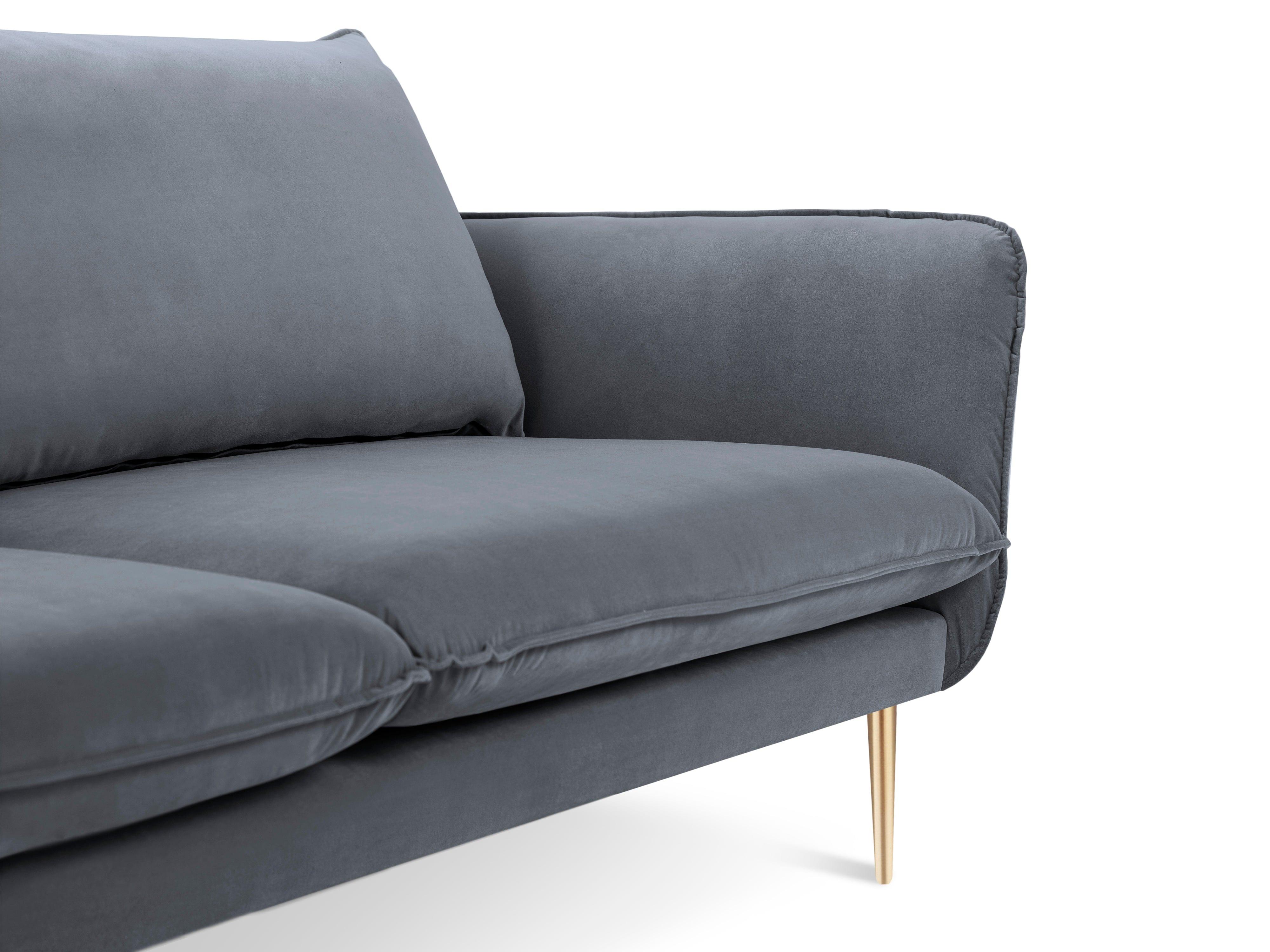 Sofa aksamitna 3-osobowa VIENNA szary ze złotą podstawą Cosmopolitan Design    Eye on Design