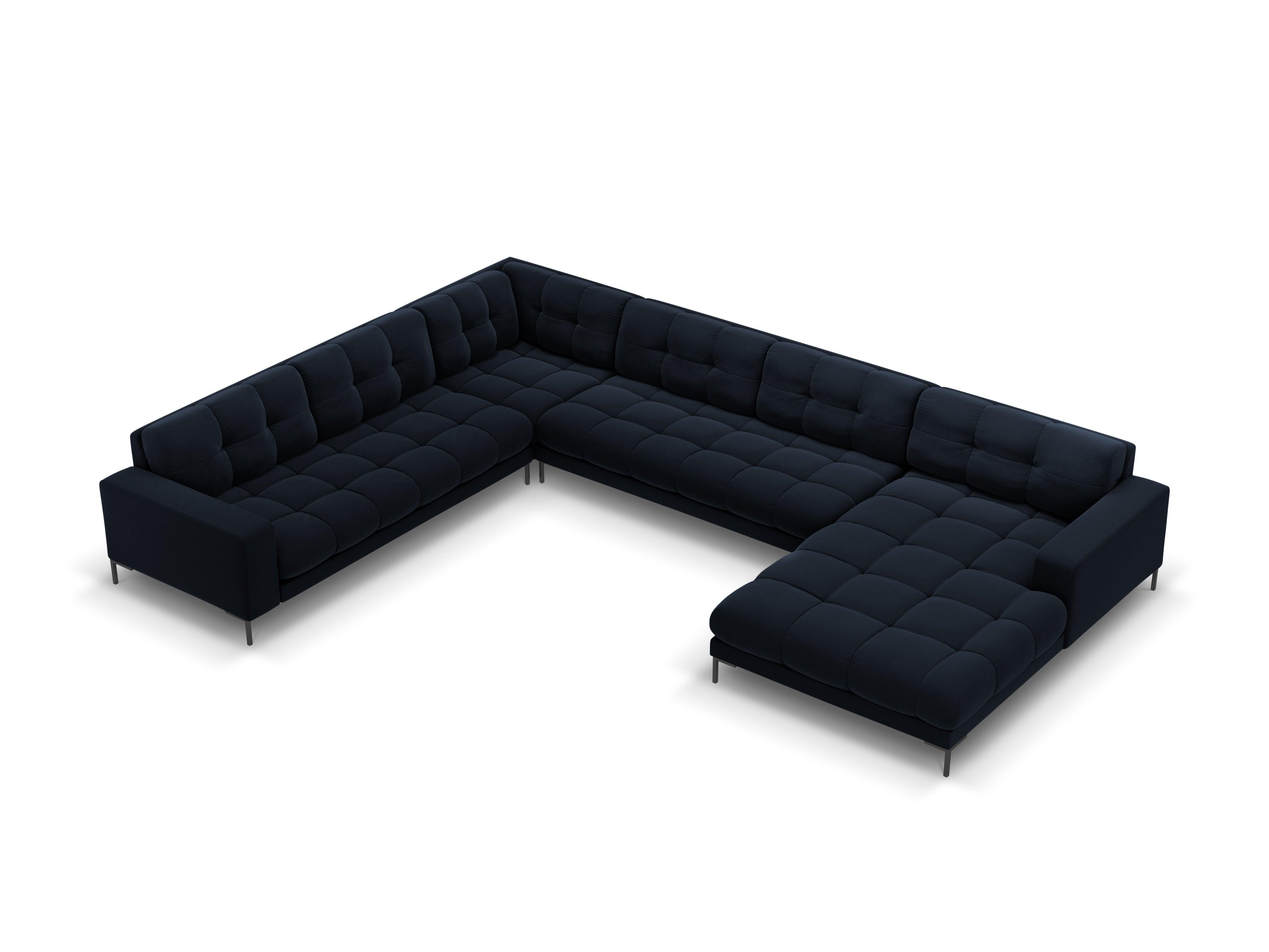 Sofa aksamitna panoramiczna lewostronna 7-osobowa BALI ciemnoniebieski z czarną podstawą Cosmopolitan Design    Eye on Design