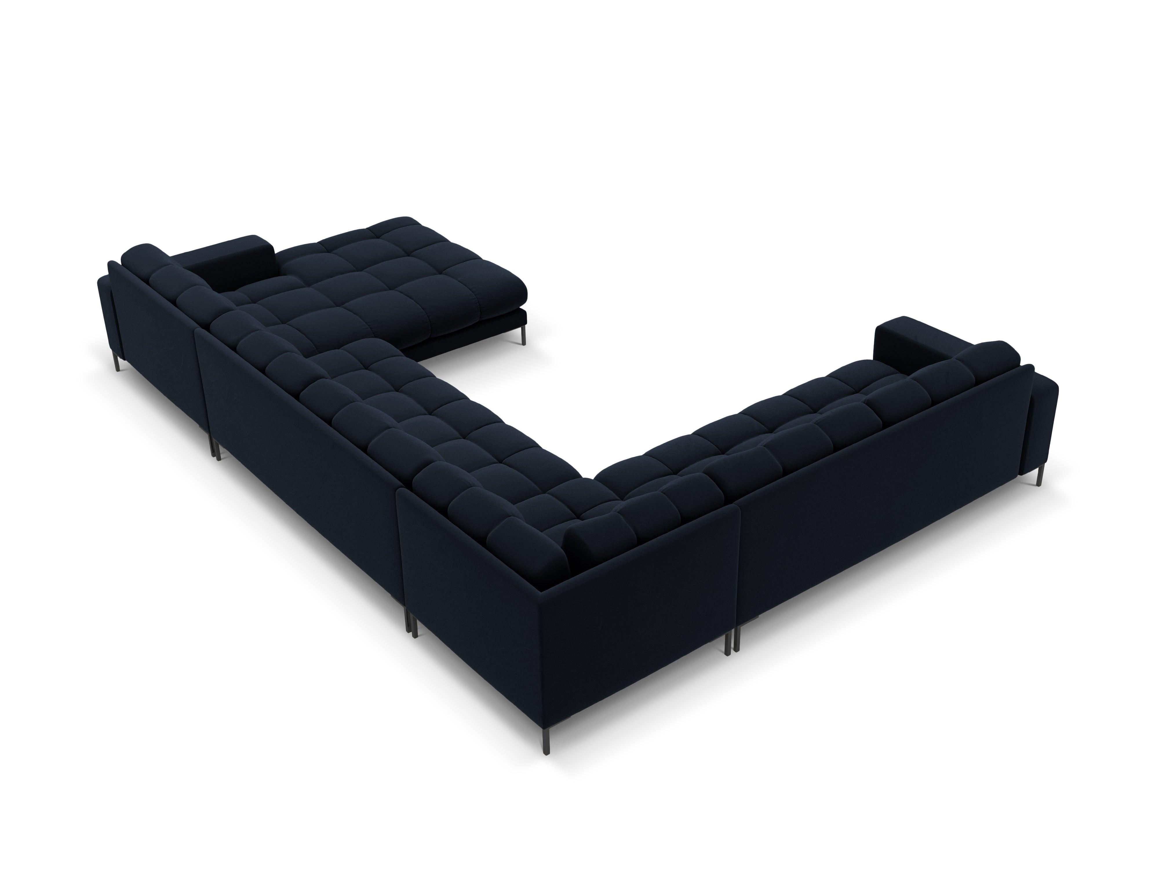 Sofa aksamitna panoramiczna lewostronna 7-osobowa BALI ciemnoniebieski z czarną podstawą Cosmopolitan Design    Eye on Design