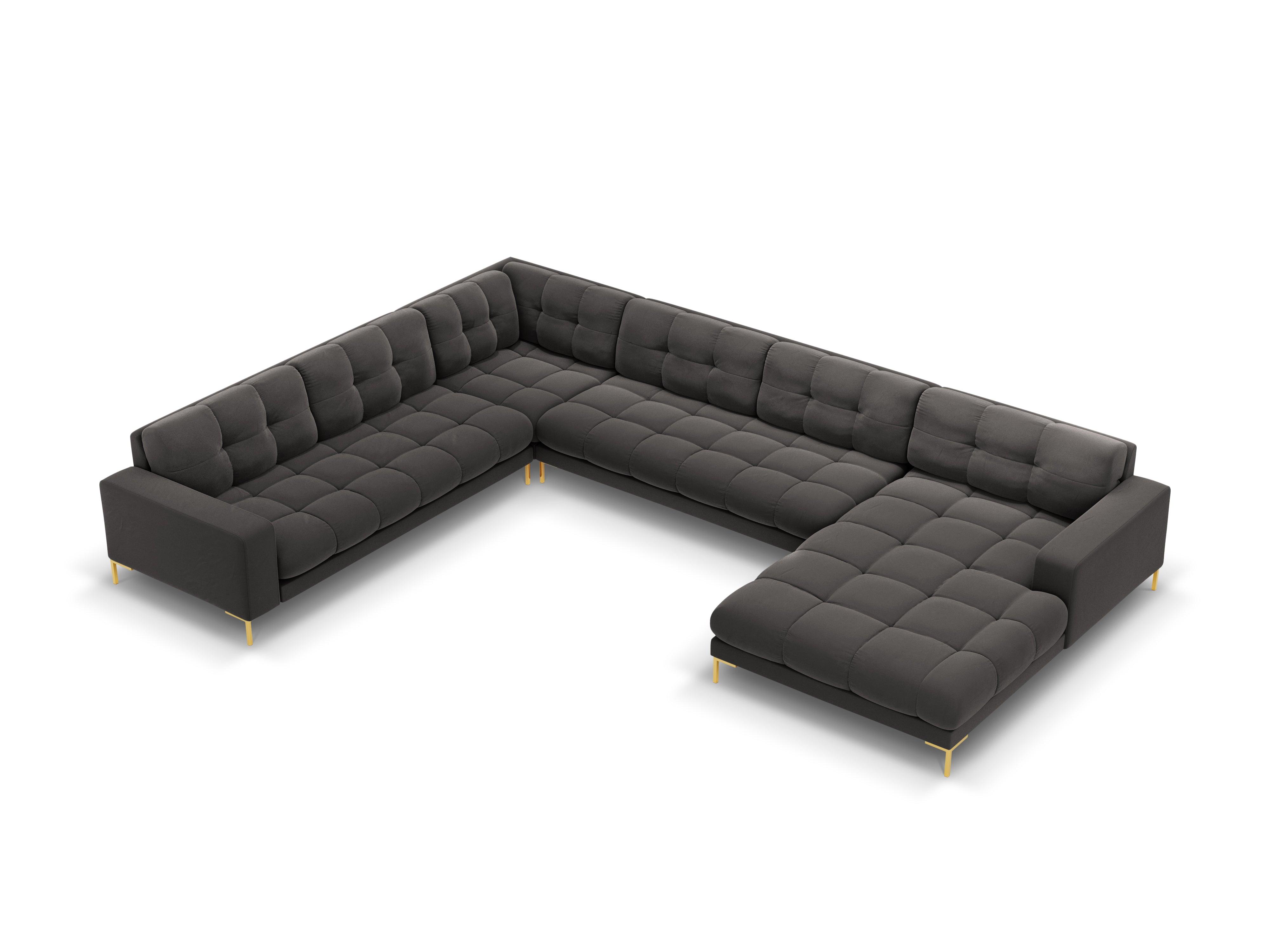 Sofa aksamitna panoramiczna lewostronna 7-osobowa BALI ciemnoszary ze złotą podstawą Cosmopolitan Design    Eye on Design