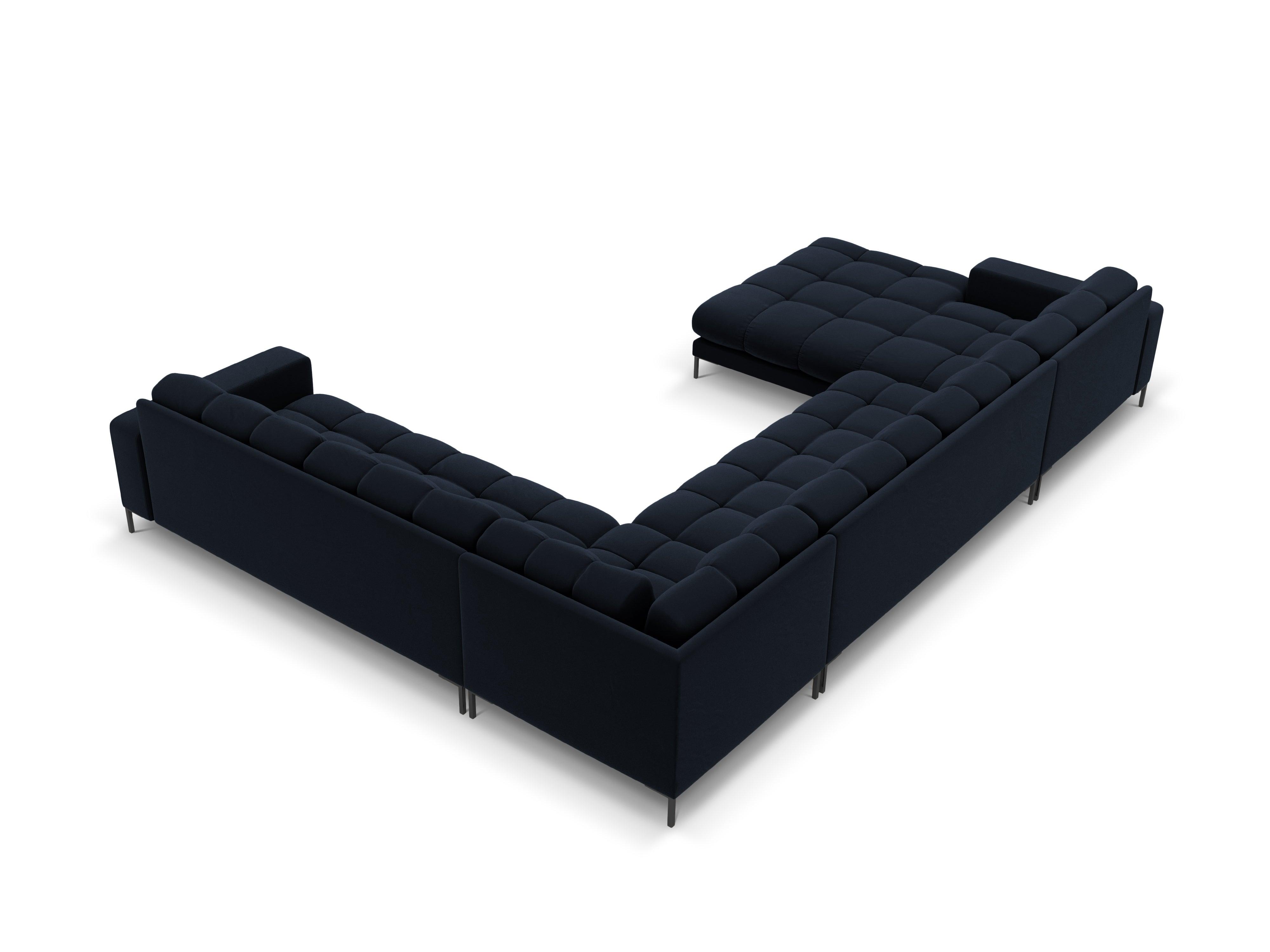 Sofa aksamitna panoramiczna prawostronna 7-osobowa BALI ciemnoniebieski z czarną podstawą Cosmopolitan Design    Eye on Design