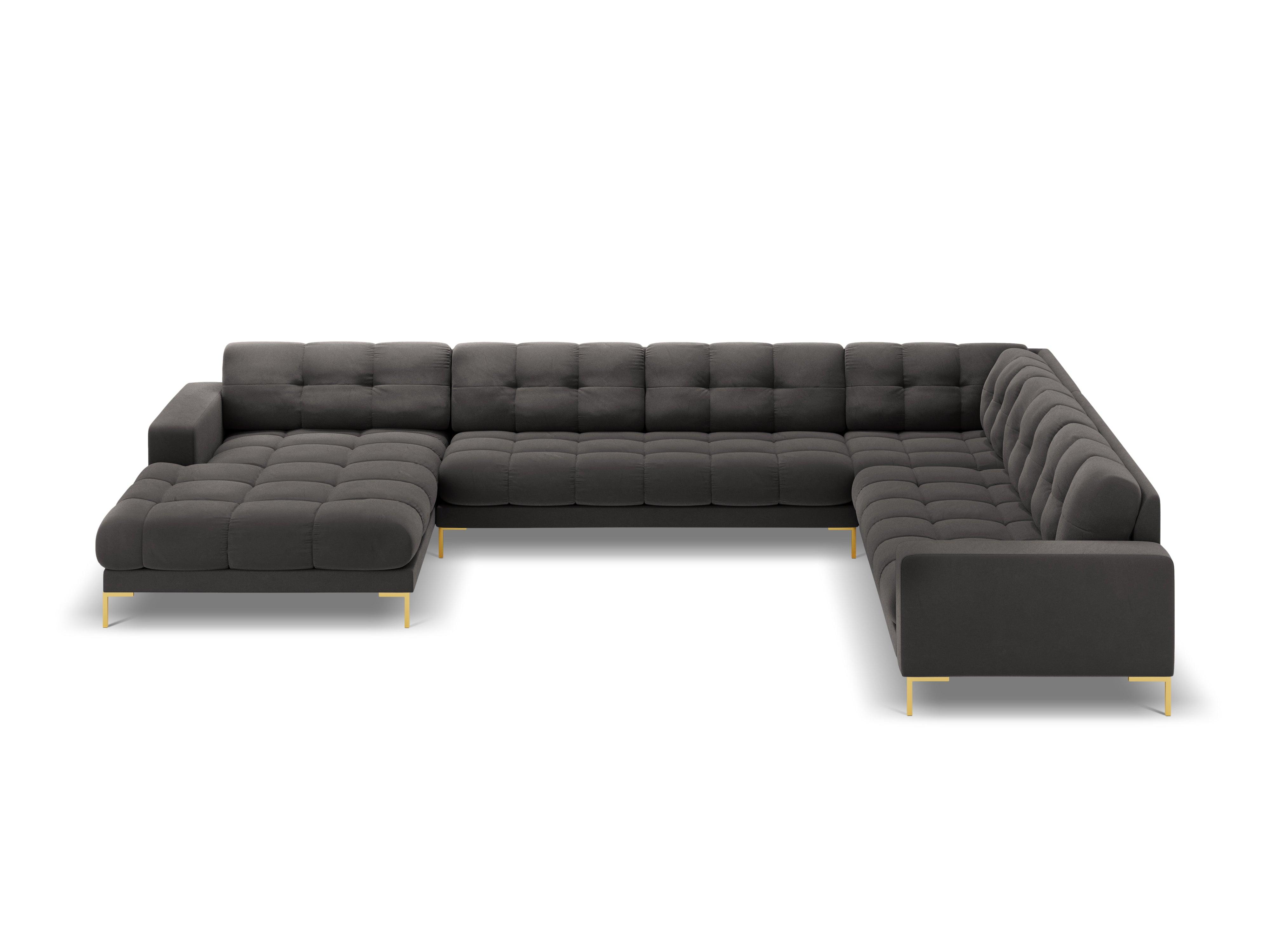 Sofa aksamitna panoramiczna prawostronna 7-osobowa BALI ciemnoszary ze złotą podstawą Cosmopolitan Design    Eye on Design