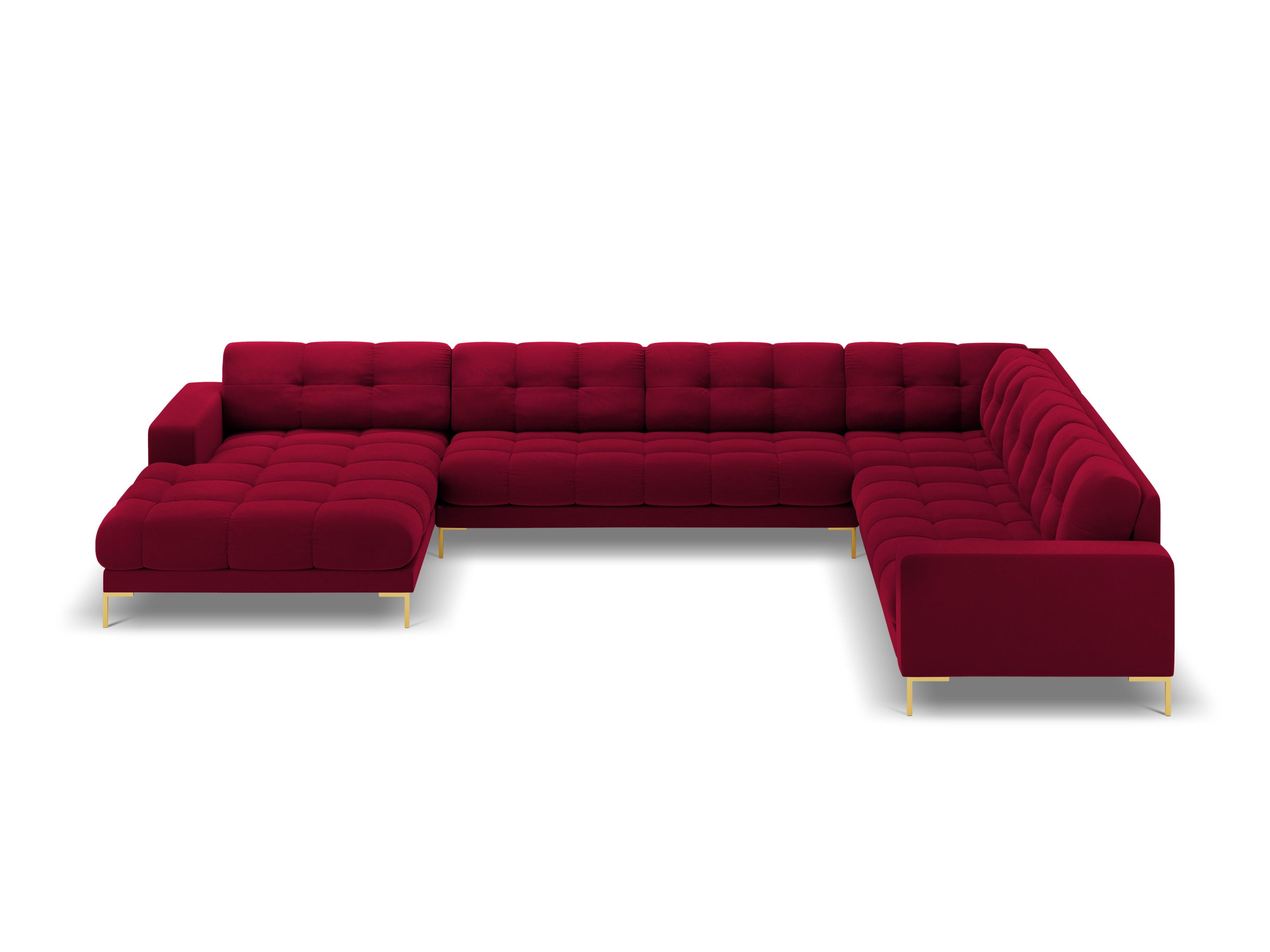 Sofa aksamitna panoramiczna prawostronna 7-osobowa BALI czerwony ze złotą podstawą Cosmopolitan Design    Eye on Design