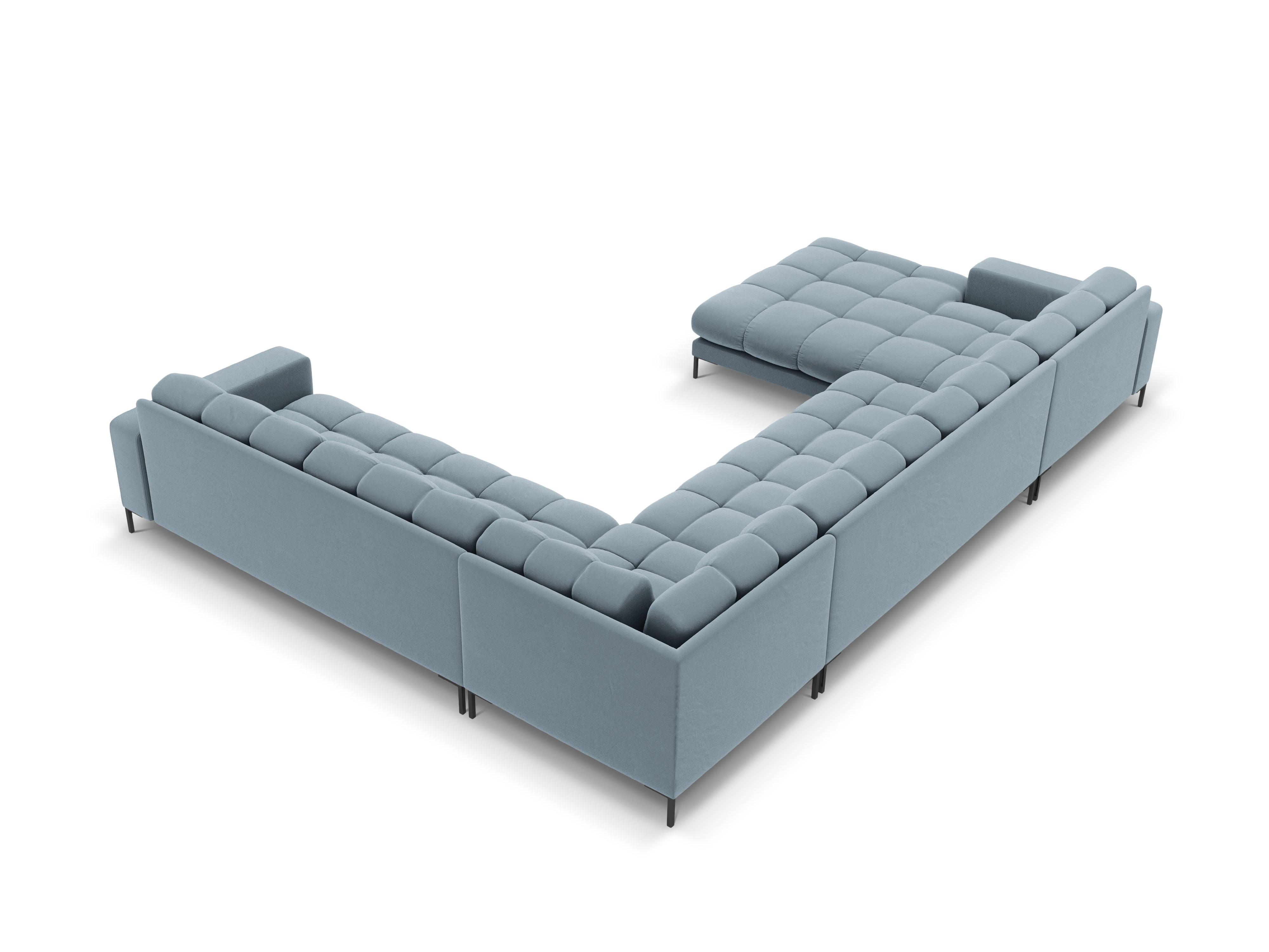 Sofa aksamitna panoramiczna prawostronna 7-osobowa BALI jasnoniebieski z czarną podstawą Cosmopolitan Design    Eye on Design