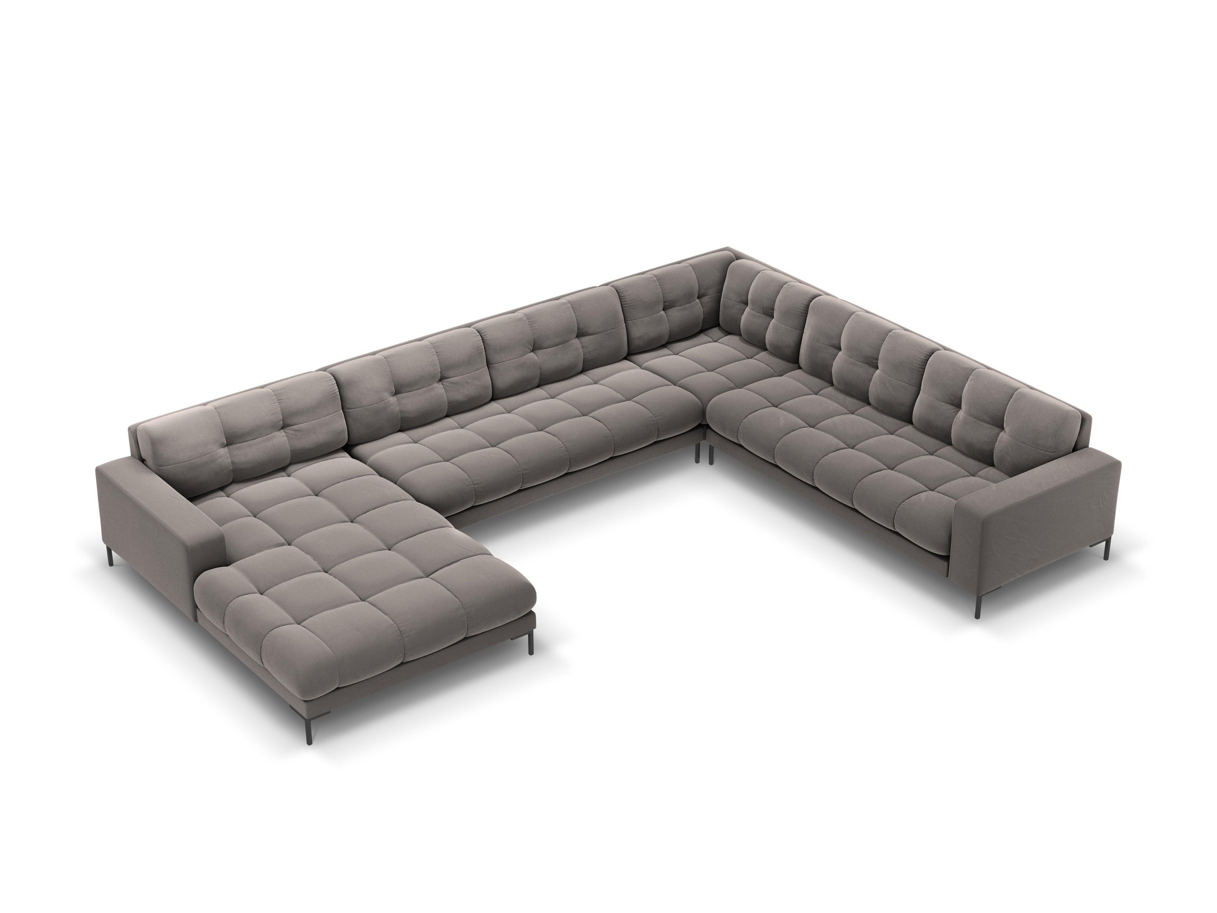 Sofa aksamitna panoramiczna prawostronna 7-osobowa BALI jasnoszary z czarną podstawą Cosmopolitan Design    Eye on Design