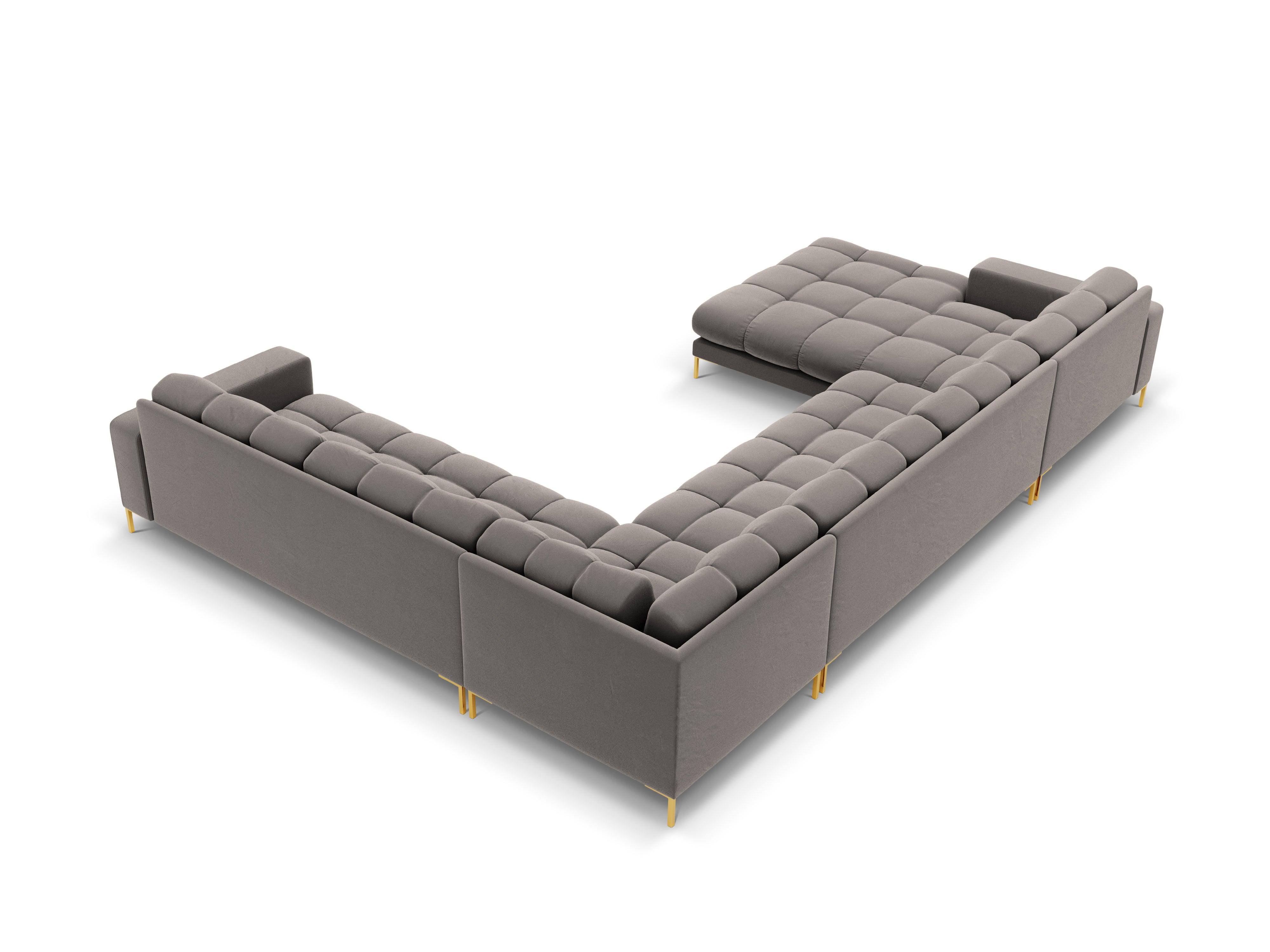 Sofa aksamitna panoramiczna prawostronna 7-osobowa BALI jasnoszary ze złotą podstawą Cosmopolitan Design    Eye on Design