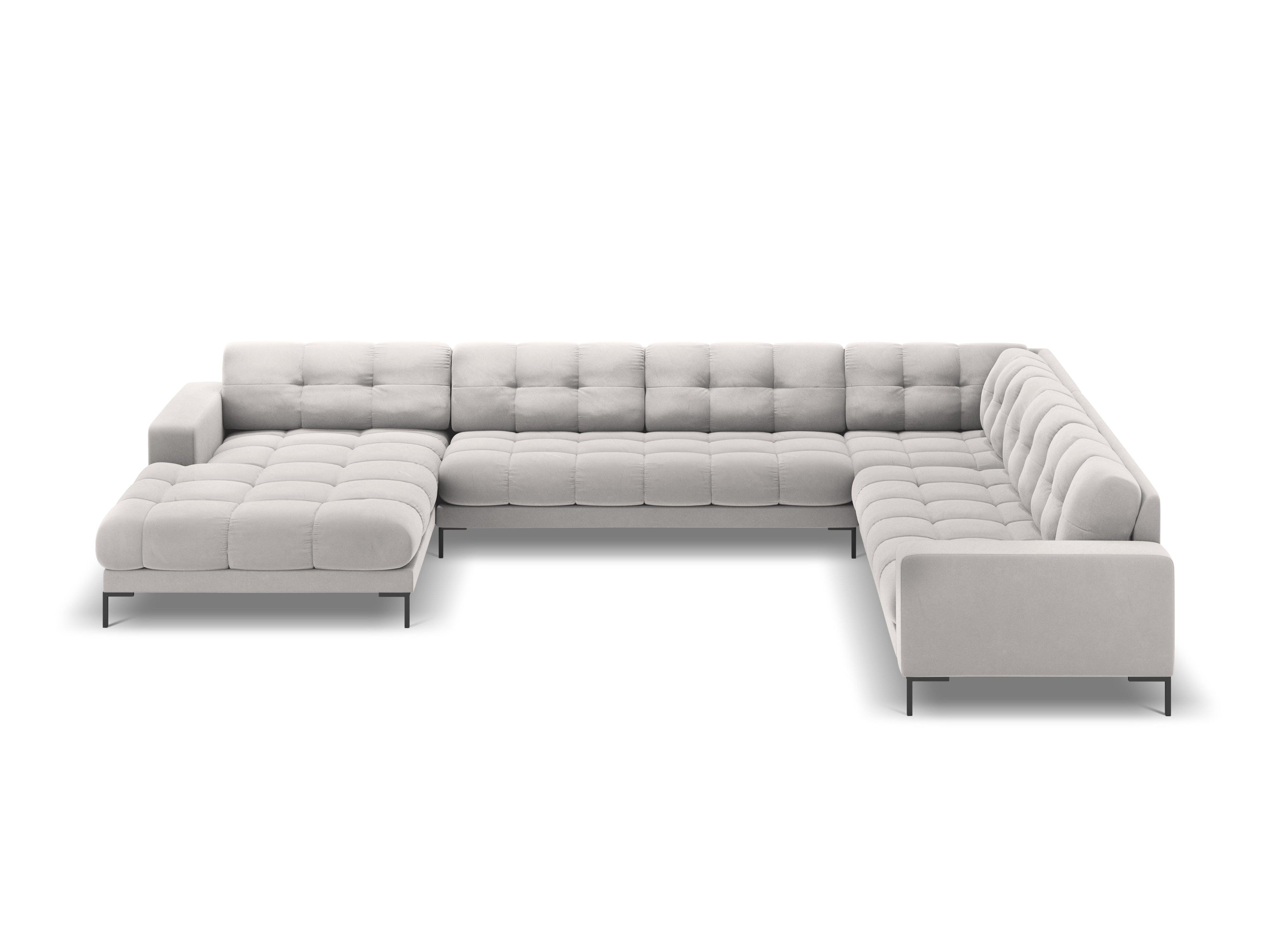 Sofa aksamitna panoramiczna prawostronna 7-osobowa BALI srebrny z czarną podstawą Cosmopolitan Design    Eye on Design