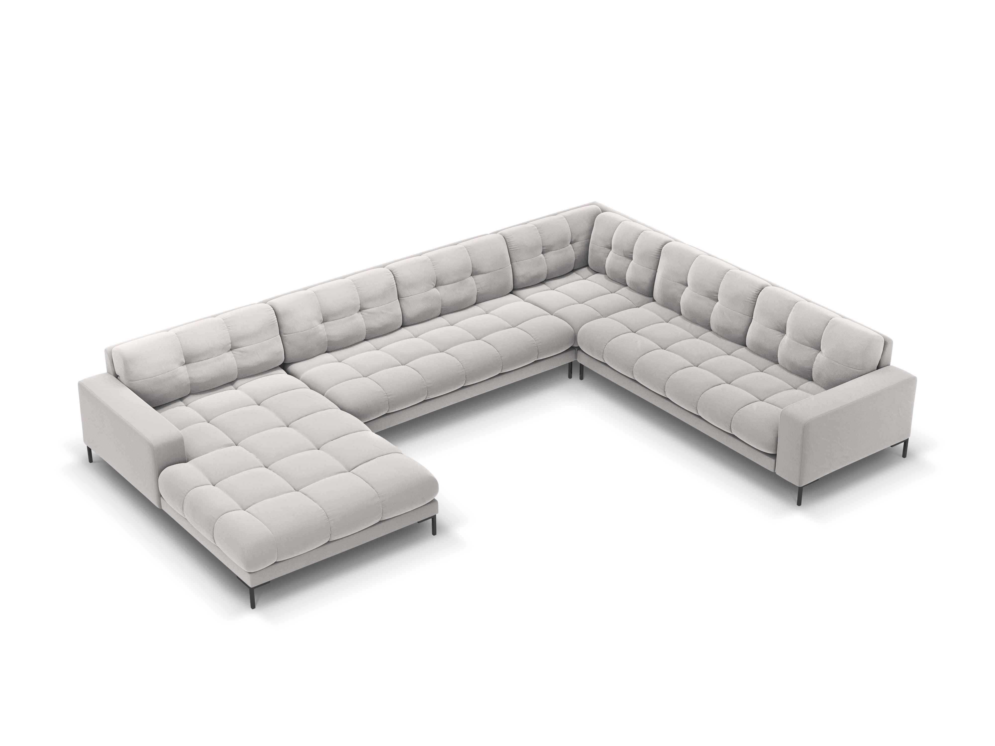 Sofa aksamitna panoramiczna prawostronna 7-osobowa BALI srebrny z czarną podstawą Cosmopolitan Design    Eye on Design