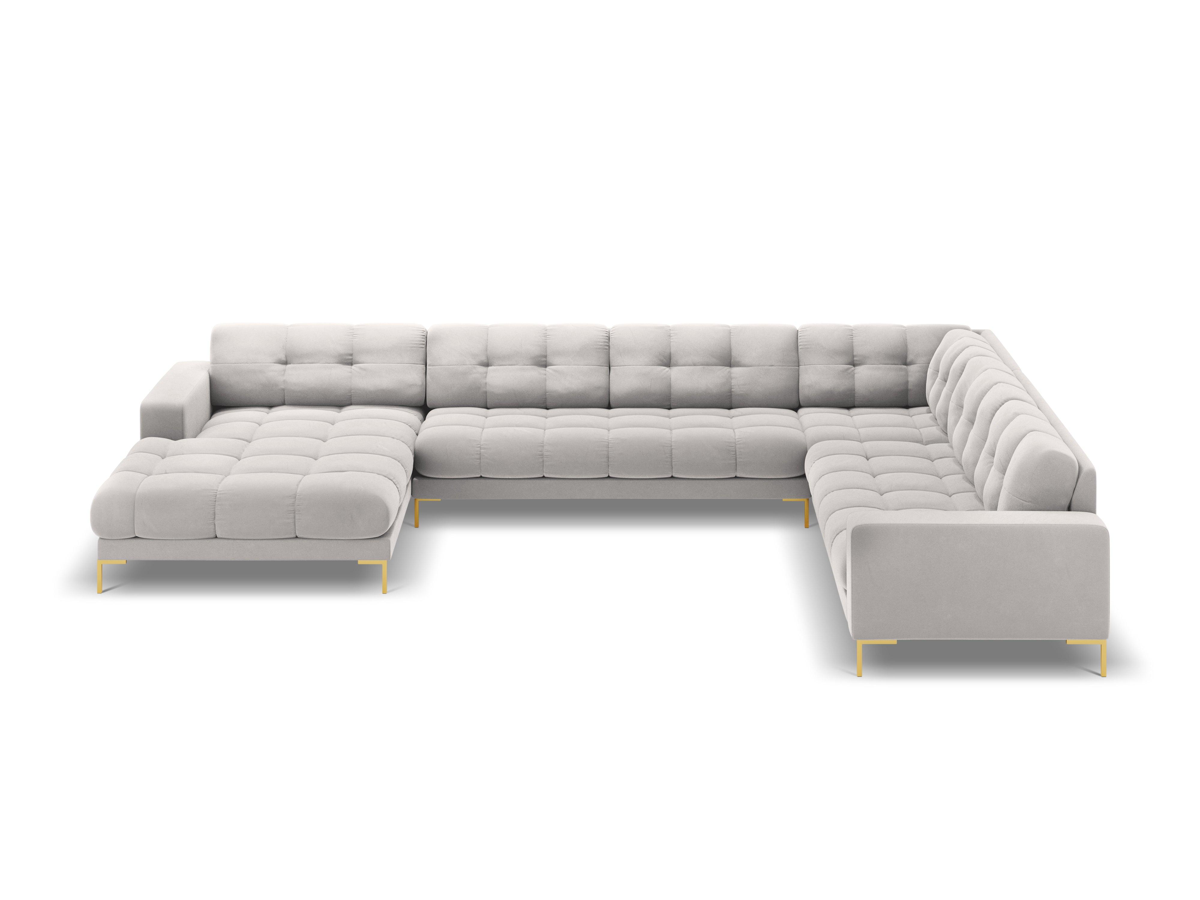 Sofa aksamitna panoramiczna prawostronna 7-osobowa BALI srebrny ze złotą podstawą Cosmopolitan Design    Eye on Design