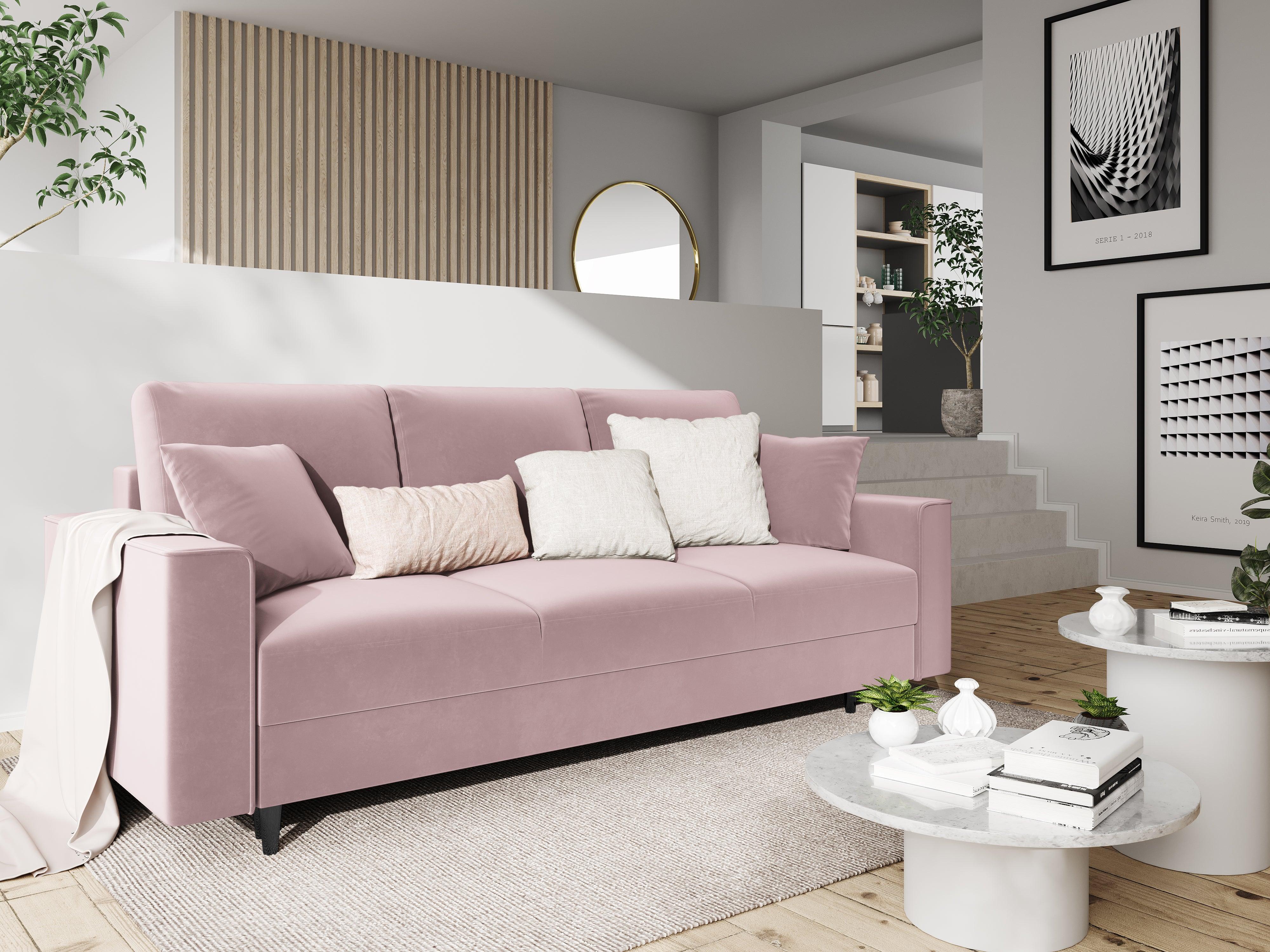 Sofa aksamitna z funkcją spania CARTADERA pudrowy róż z czarną podstawą Mazzini Sofas    Eye on Design