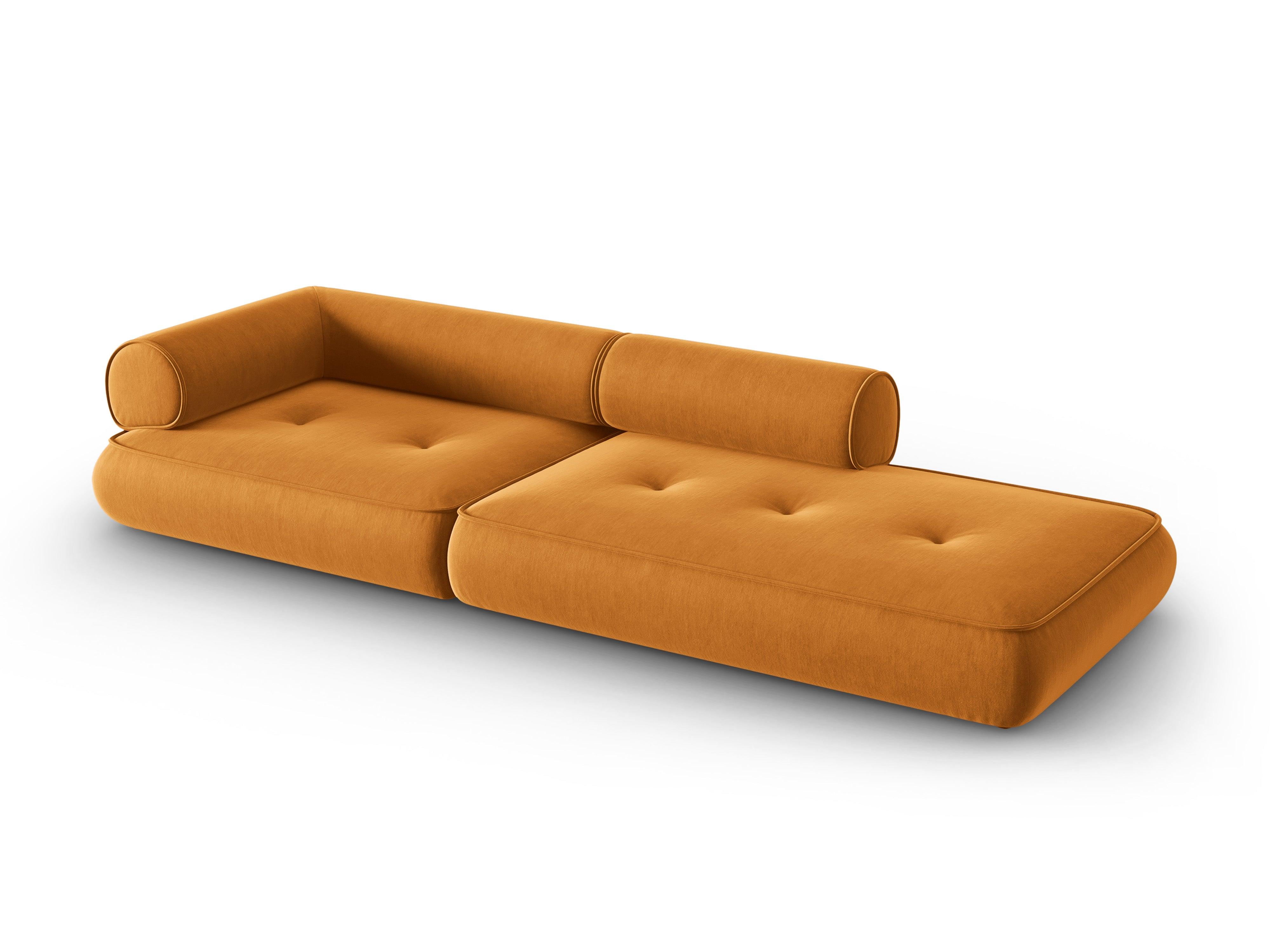 Sofa w tkaninie szenilowej otwarta prawostronna LILY musztardowy Maison Heritage    Eye on Design