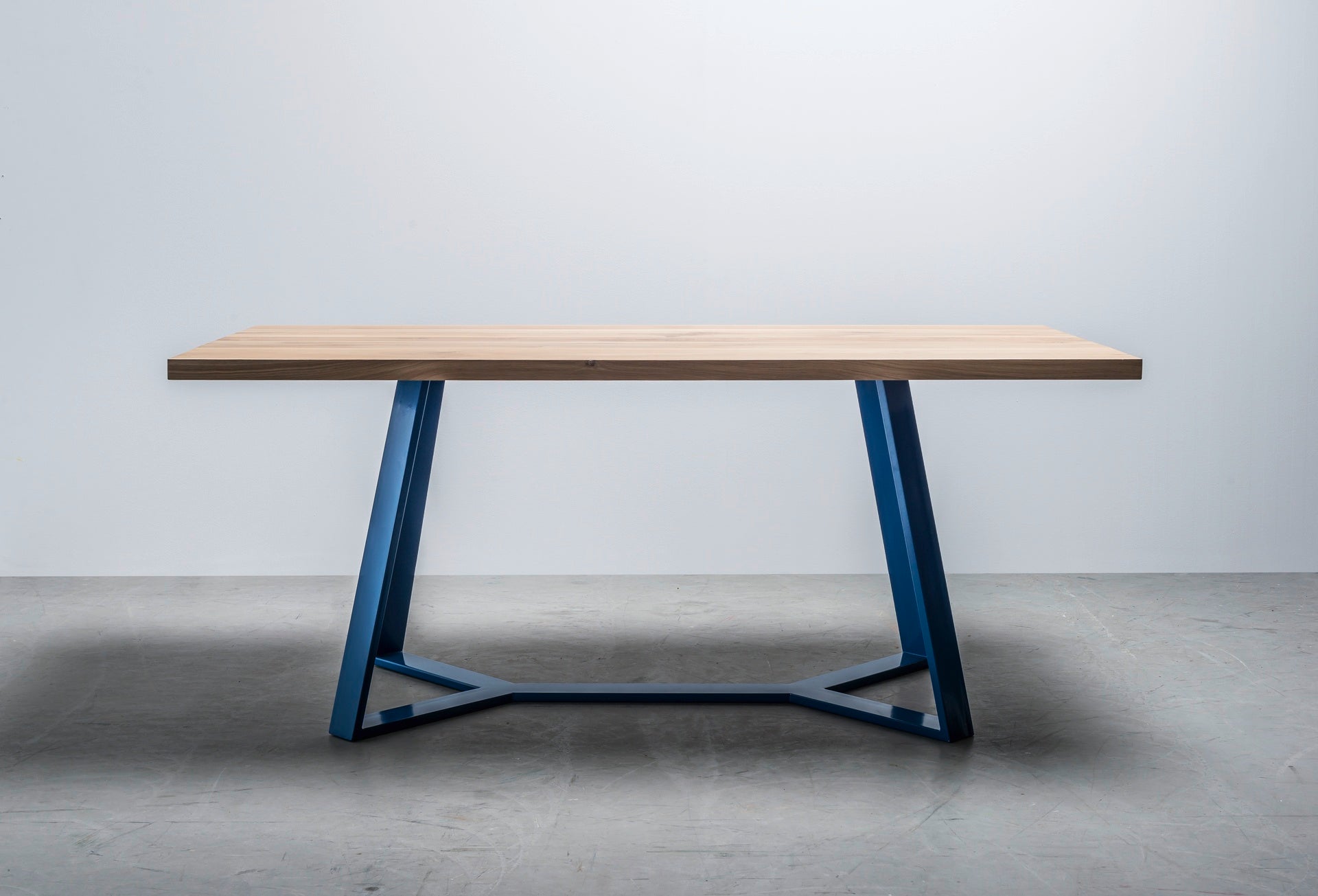 Y oak table top with blue steel base