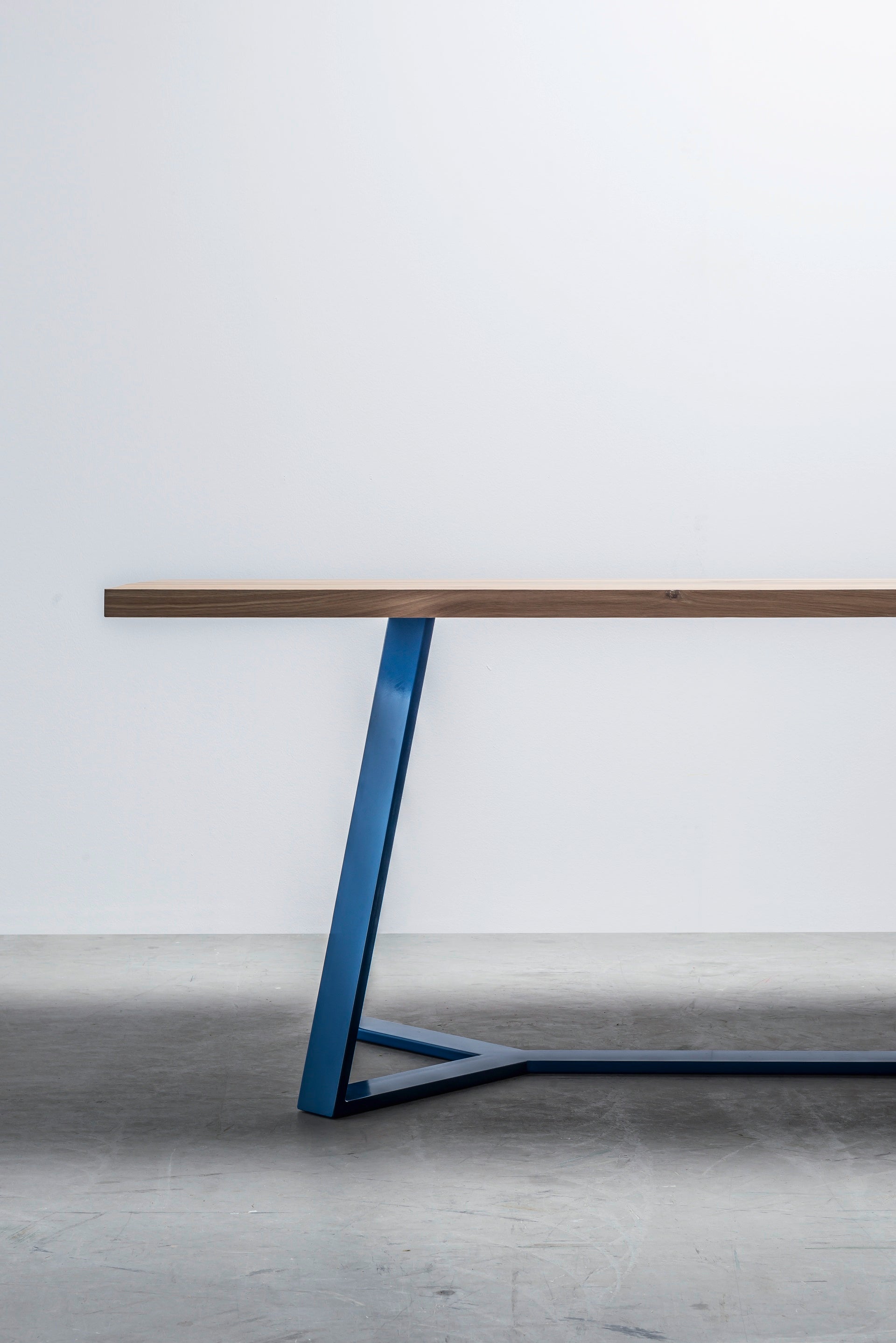 Y oak table top with blue steel base