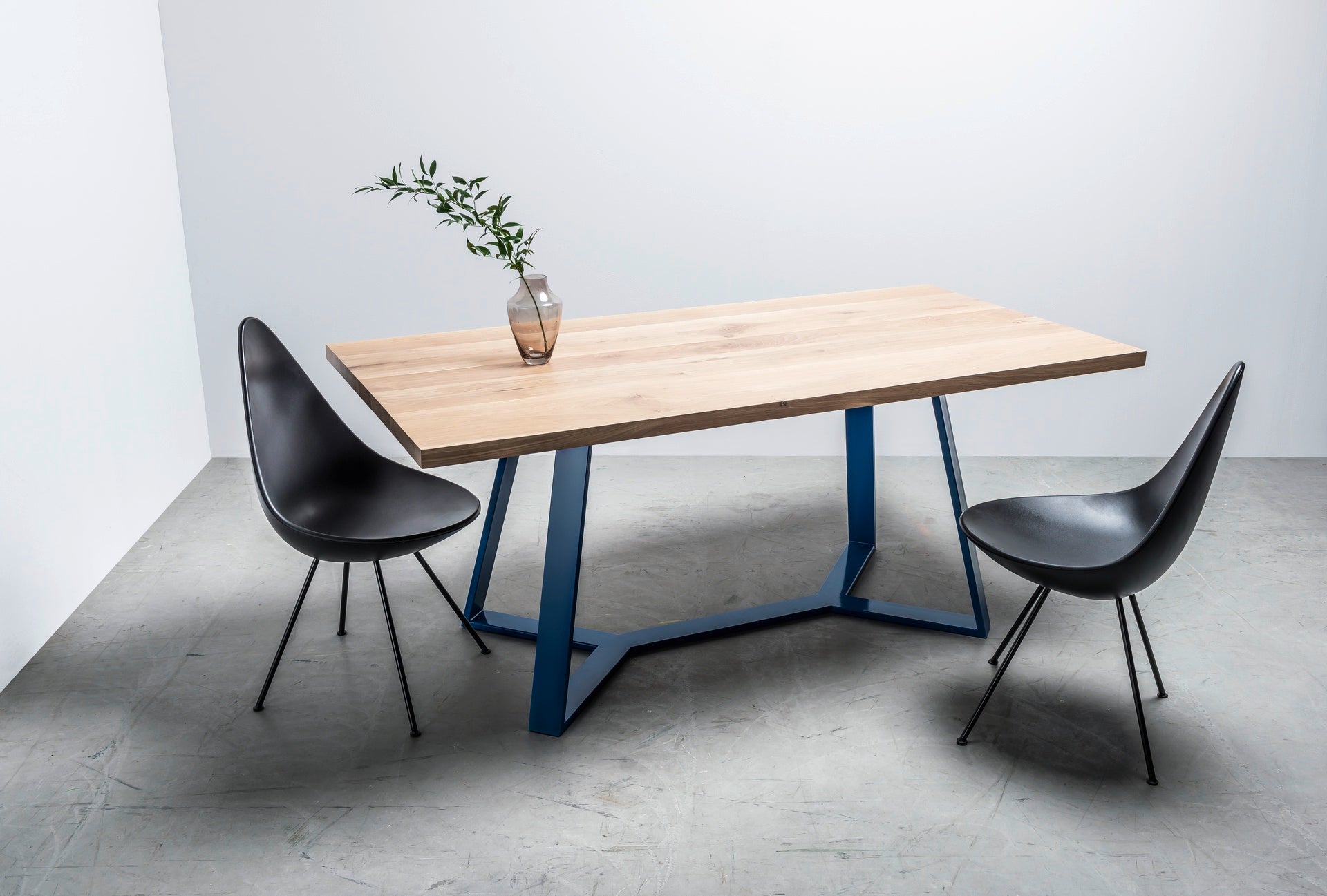Y oak table top with blue steel base