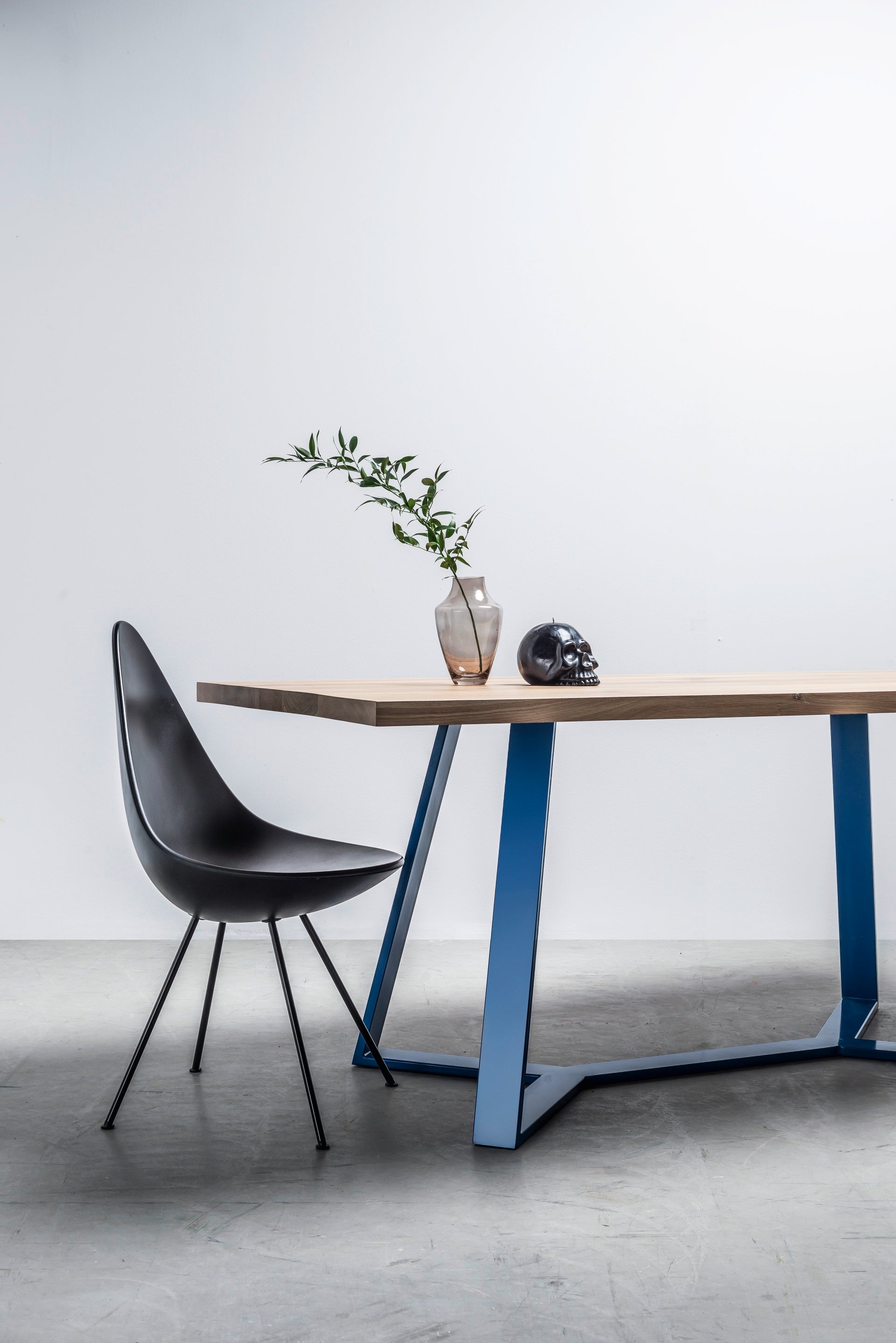 Y oak table top with blue steel base
