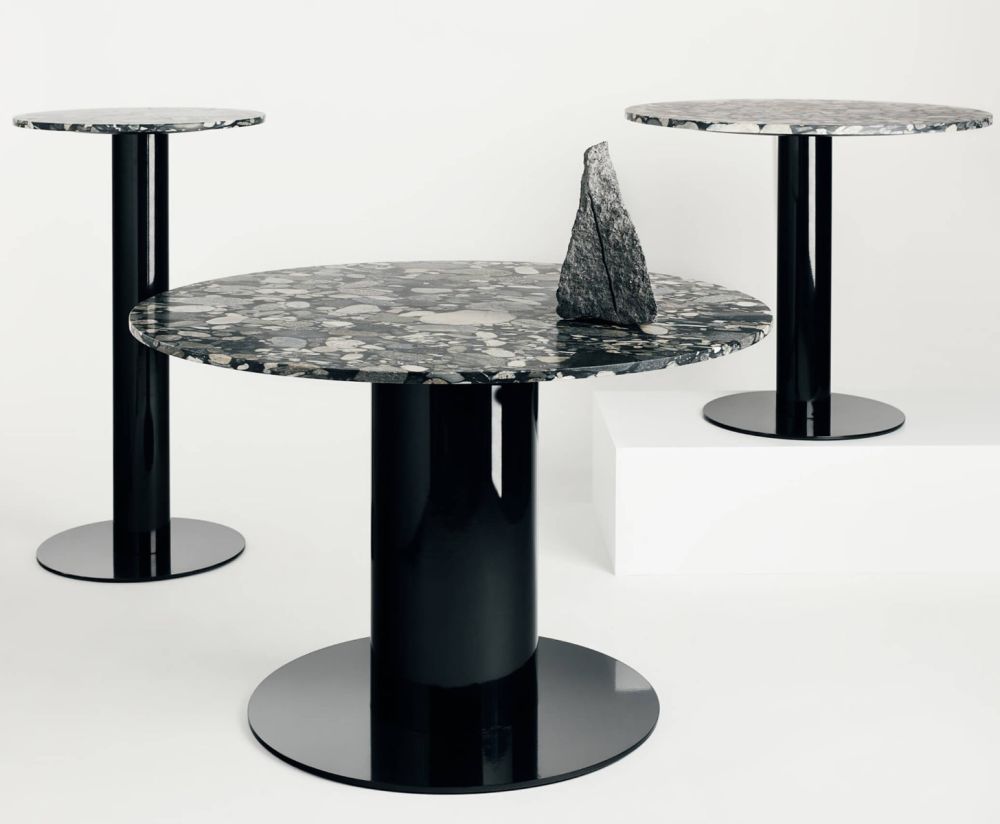 Round table tube stone marble with a black base