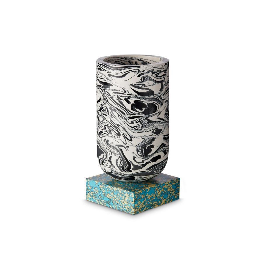 Vase Swirl Schwarz -Weiß -Marmor mit einer türkisfarbenen Basis [Julia] [Amelia Spring]