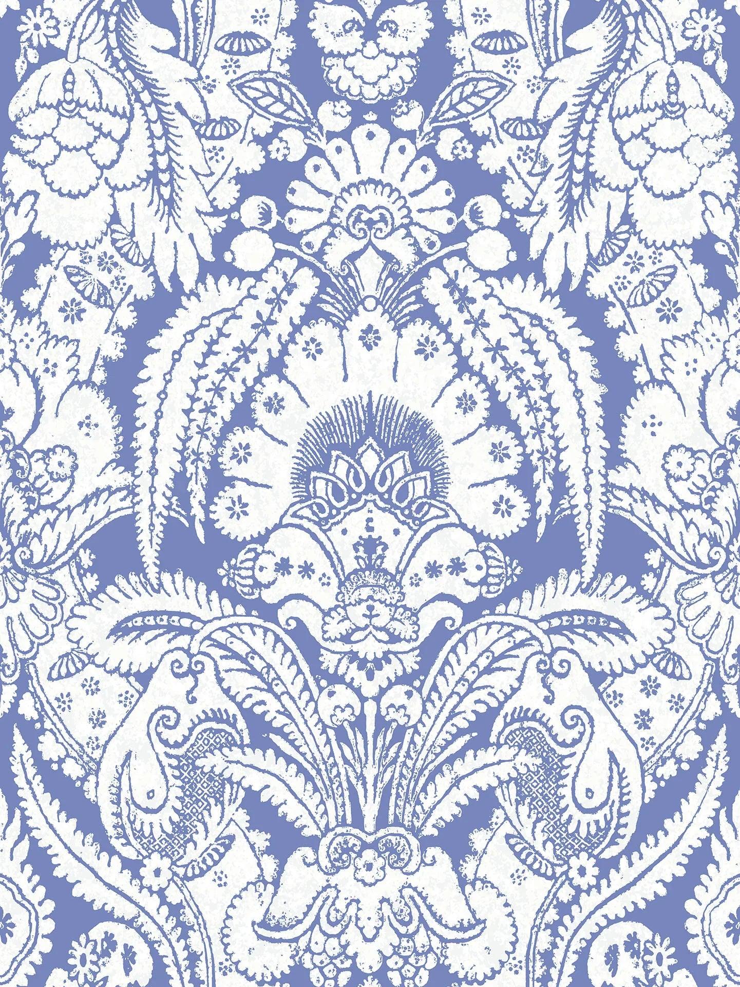 Floral Pattern Wallpaper with Ornaments ALBEMARLE - Chatterton White on Blue