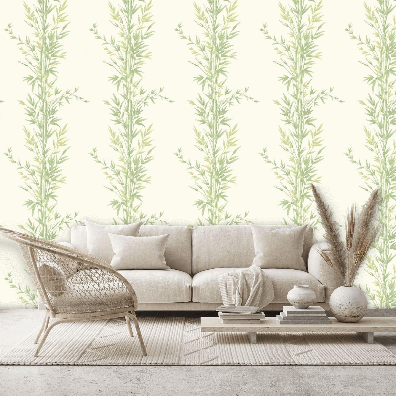 Wallpaper with a plant motif of bamboo shoots ARCHIVE ANTHOLOGY - Bamboo pink on parchment