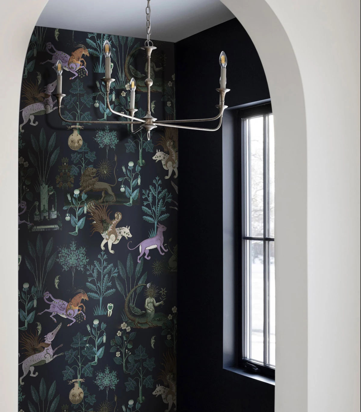 Wallpaper with a plant motif and magical animal BOTANIC BEAST PURPLE black with purple