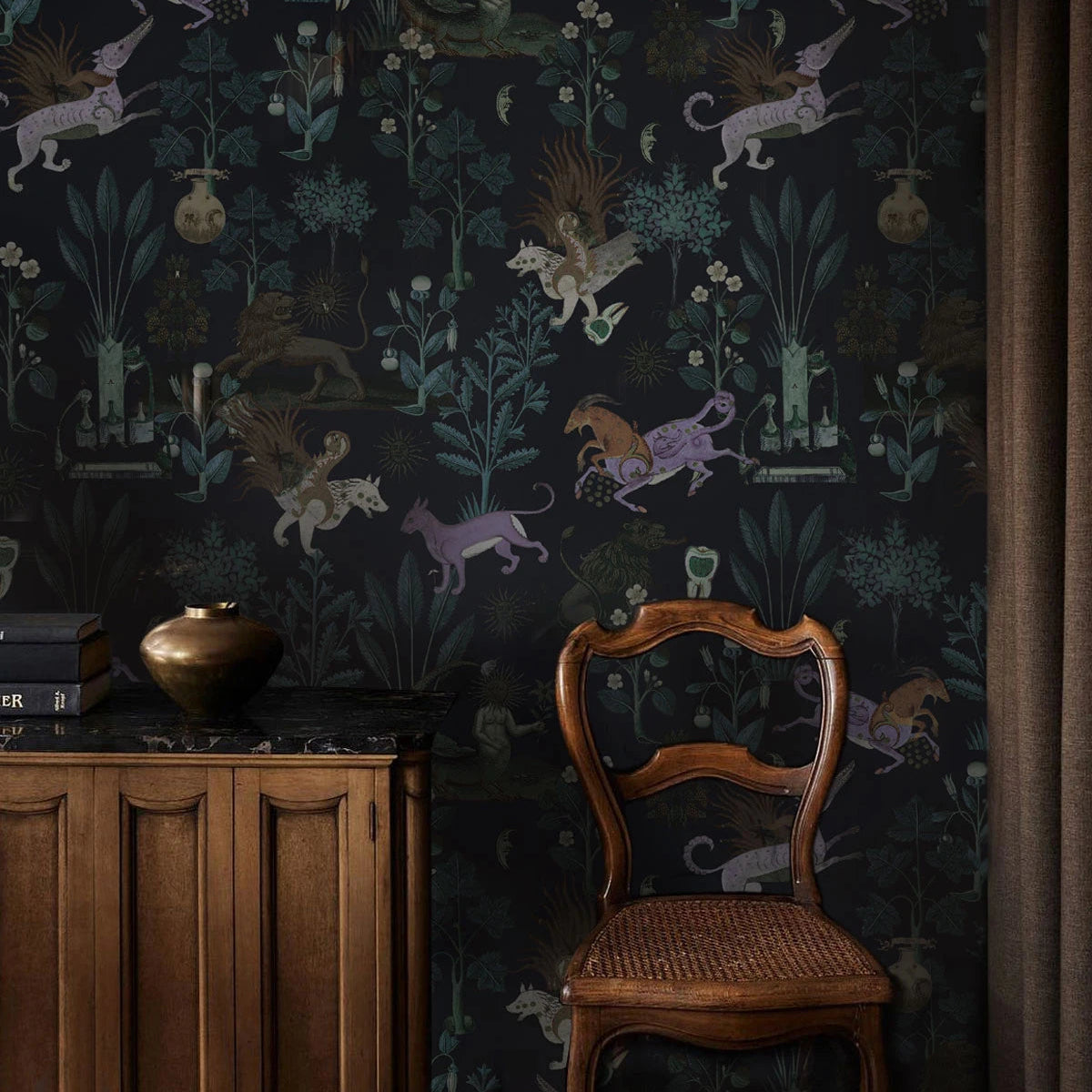 Wallpaper with a plant motif and magical animal BOTANIC BEAST PURPLE black with purple