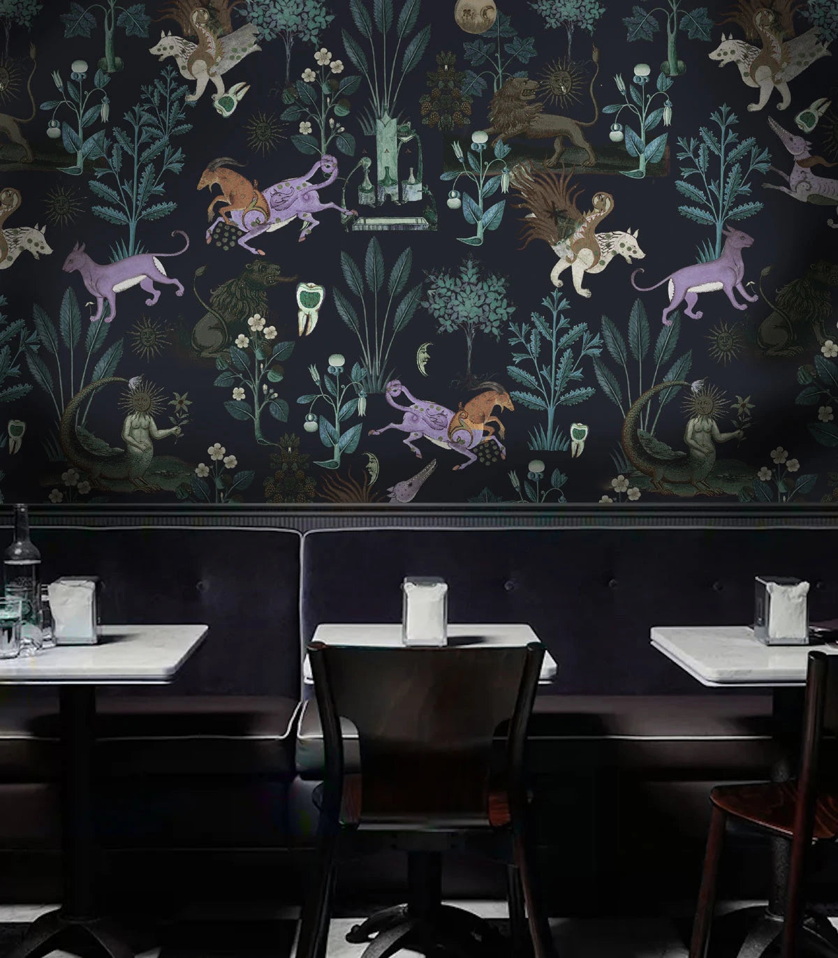Wallpaper with a plant motif and magical animal BOTANIC BEAST PURPLE black with purple