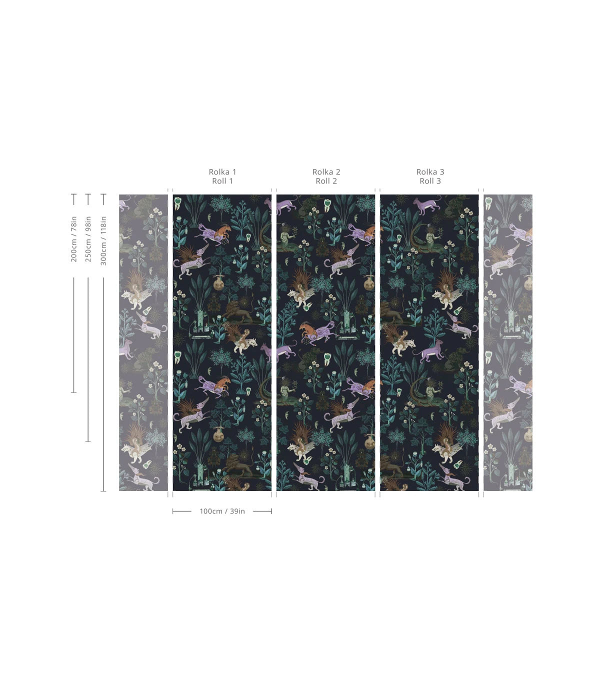 Wallpaper with a plant motif and magical animal BOTANIC BEAST PURPLE black with purple