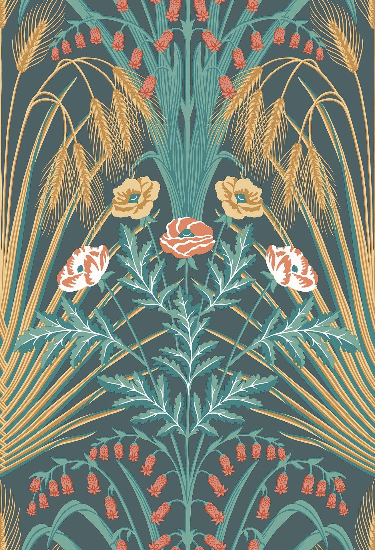 Tapete mit pflanzlichem Motiv von Blättern und Blumen BOTANICAL BOTANICA - Blaustern metallisch Gold