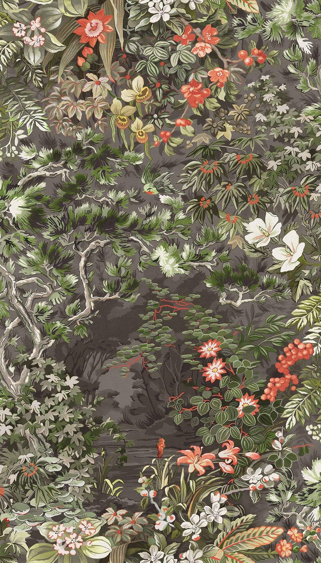 Tapete mit pflanzlichem Waldmotiv BOTANICAL BOTANICA - Woodland grau mit grün