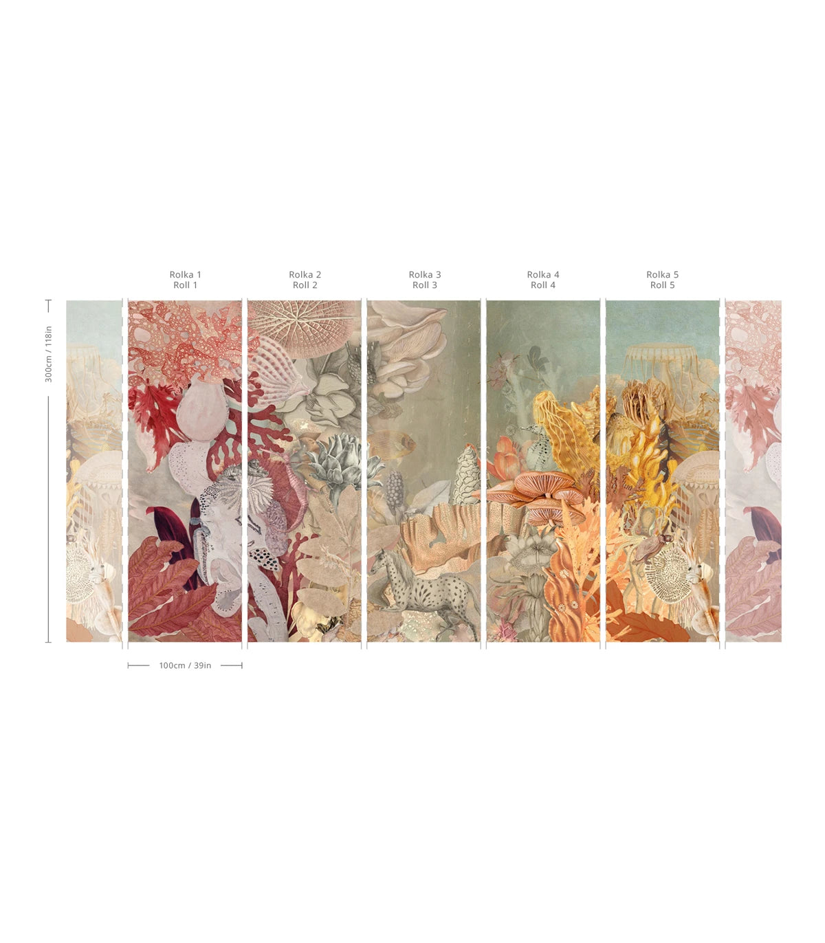 Non-woven wallpaper with a marine motif CORAL MIRAGE green with coral