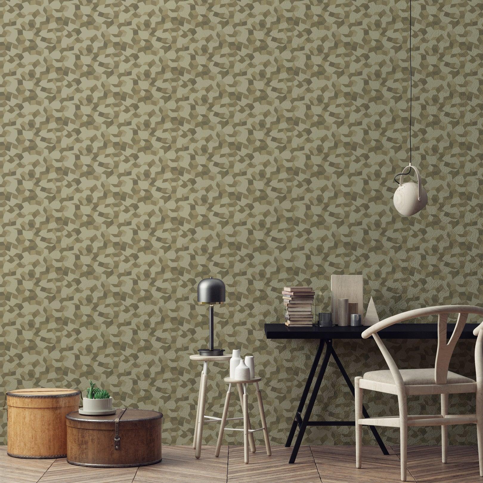 Metallic wallpaper with a geometric hexagon pattern CURIO - Mineral brown
