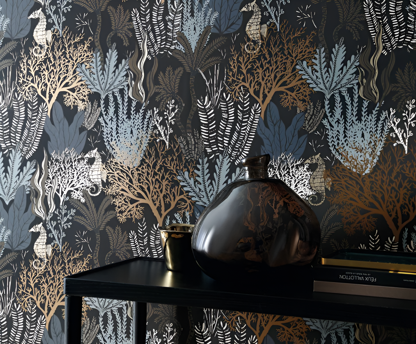Marine Plant Motif Wallpaper POSIDONIE - NOIR Black with Blue