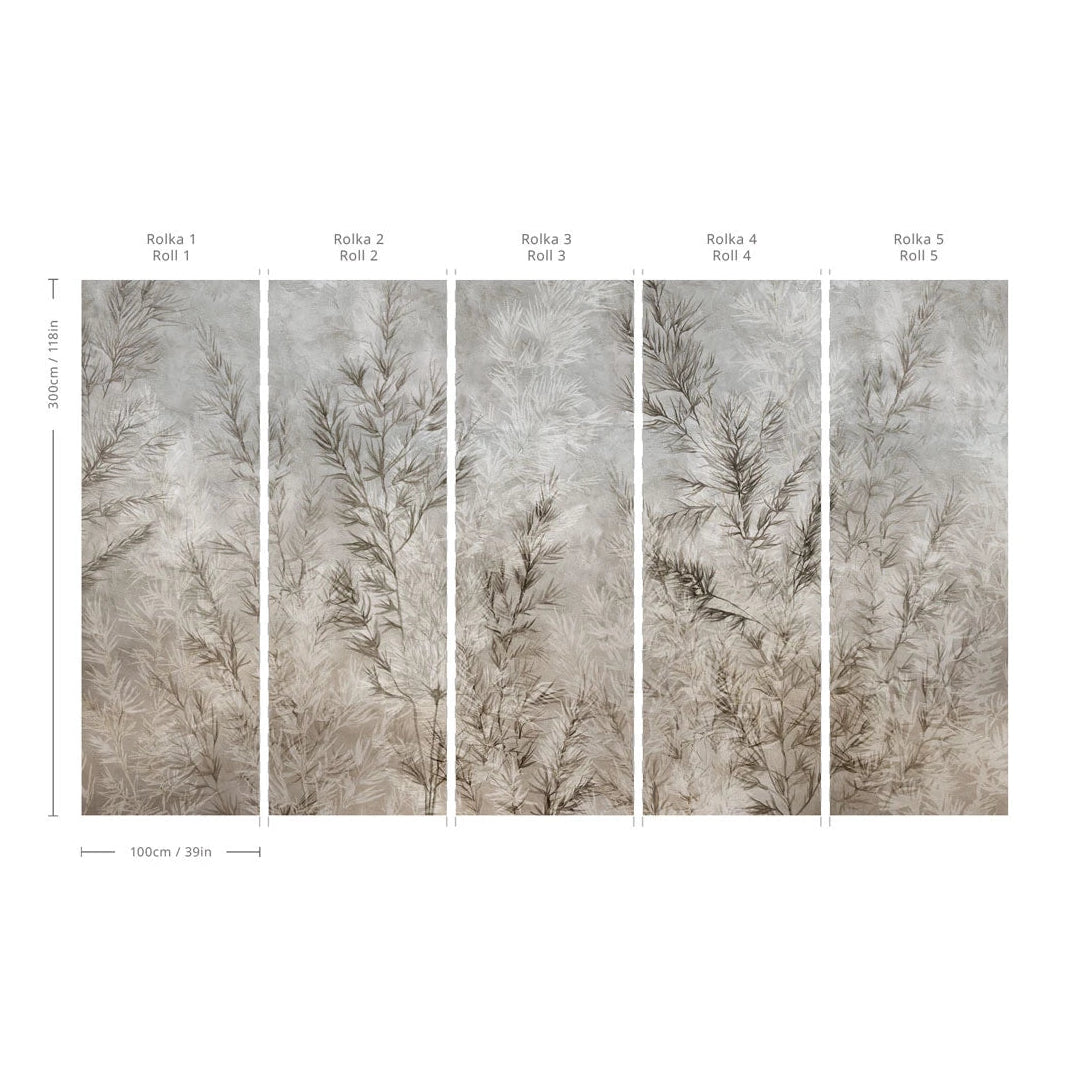 Non-woven wallpaper with a plant pattern DRY GRASS gray-beige