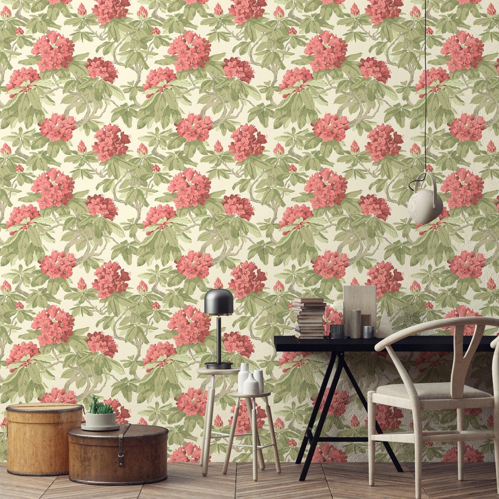 Wallpaper with a floral and leaf plant motif FOLIE - Bourlie white on green