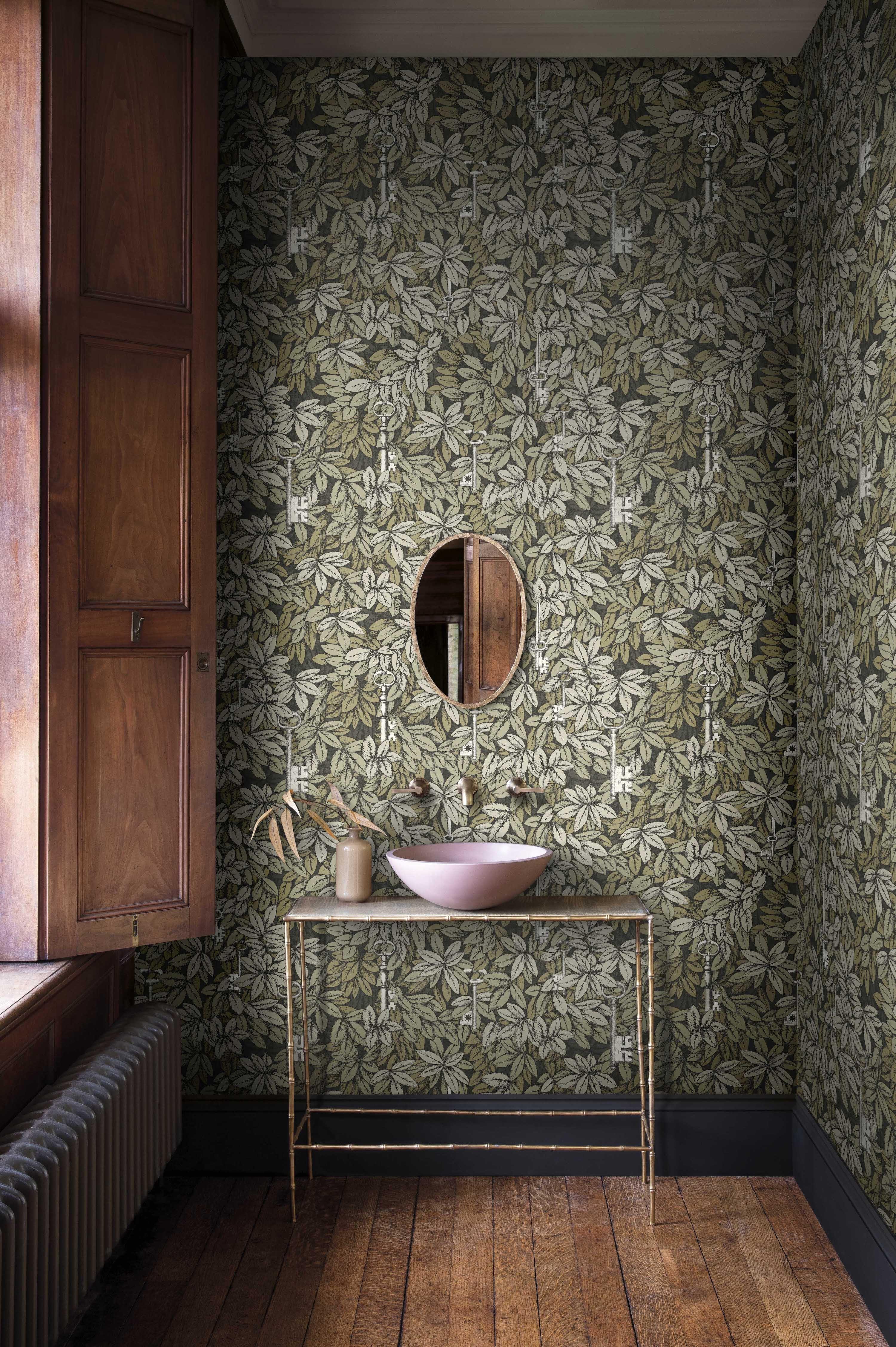 Wallpaper with a plant motif of leaves and keys FORNASETTI - Chiavi Segrete olive green