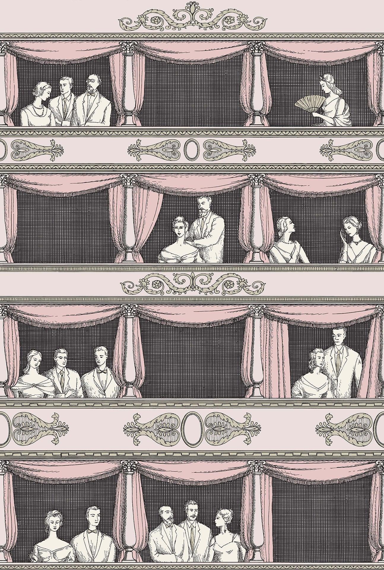 Wallpaper with the Landscape of Italian Theater Balconies FORNASETTI SENZA TEMPO - Pink Theater