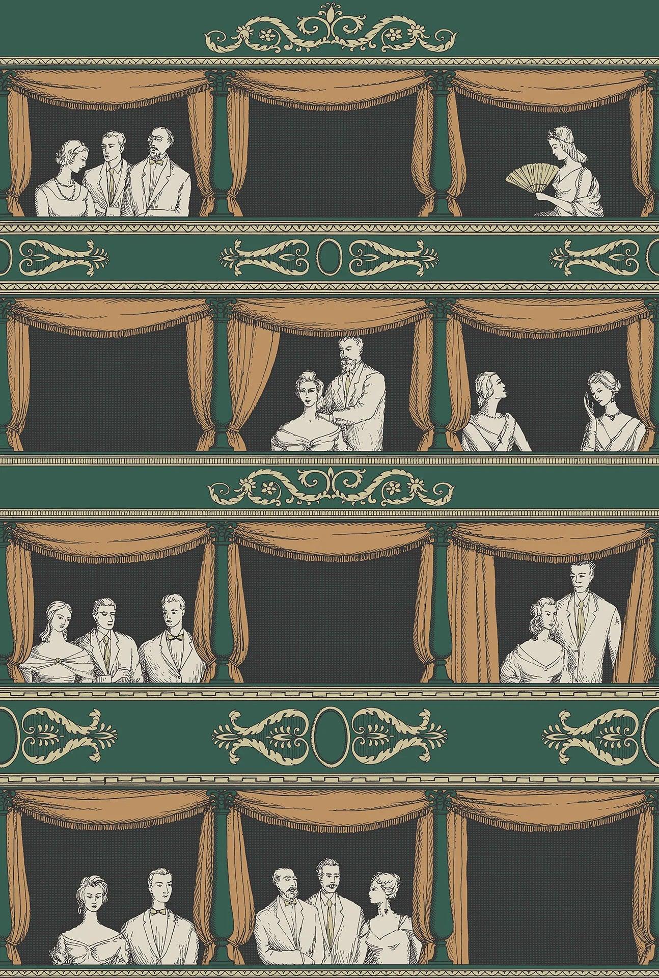 Wallpaper with the Landscape of Italian Theater Balconies FORNASETTI SENZA TEMPO - Green Theater