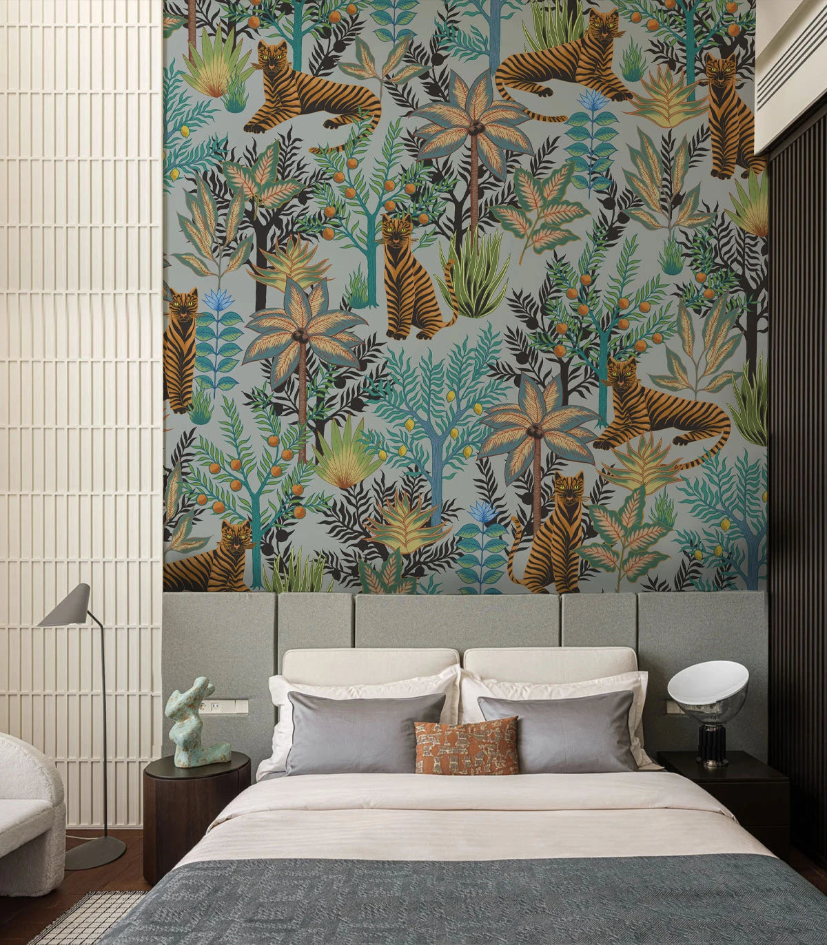 Wallpaper with a plant and animal motif GOLD TIGERS LIGHT BLUE light blue with gold