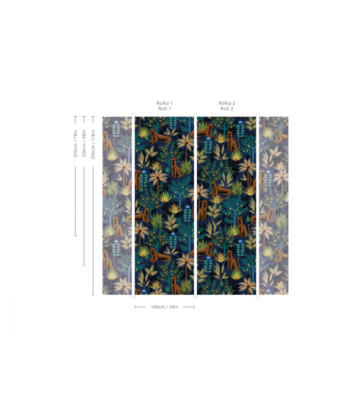 Dark Blue Wallpaper with Gold Animal and Plant Motif - GOLD TIGERS