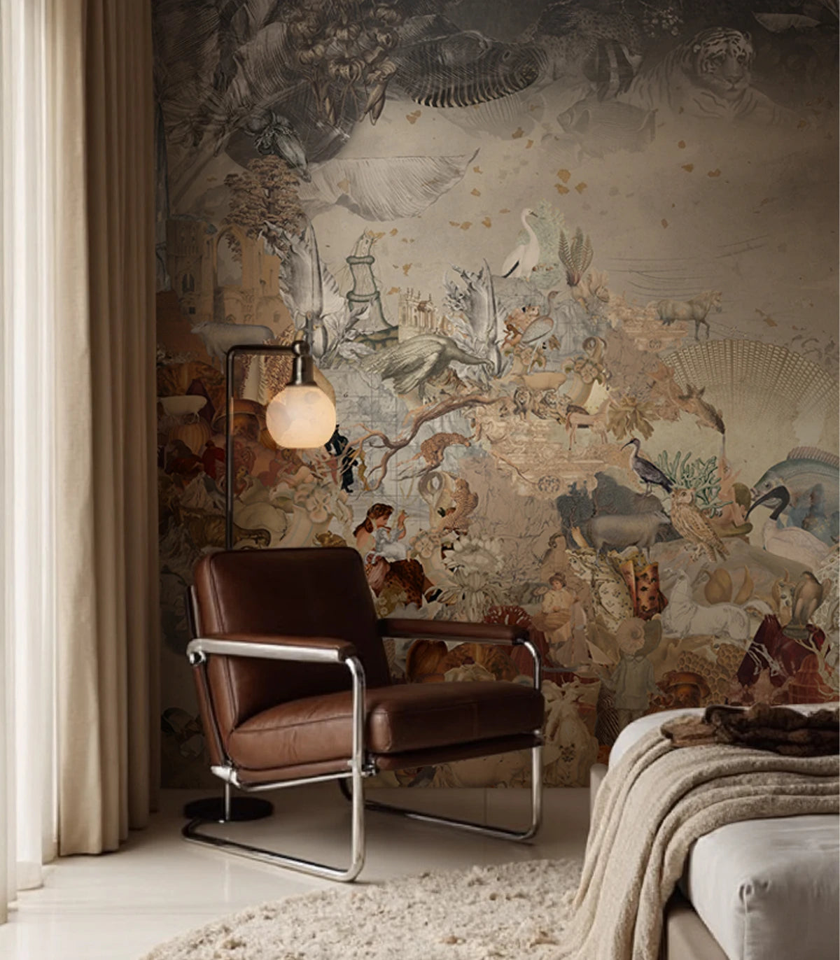 Non-woven wallpaper with an animal motif KINGDOM OF ALL CREATURES SEPIA beige with bronze