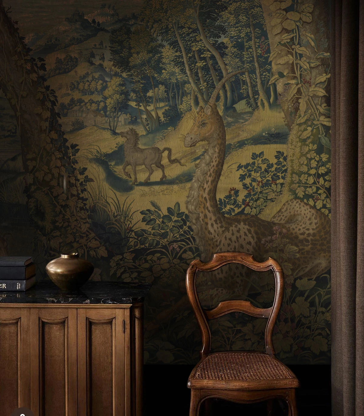 Wallpaper with a landscape of a magical forest UNICORN ARRAS green with brown