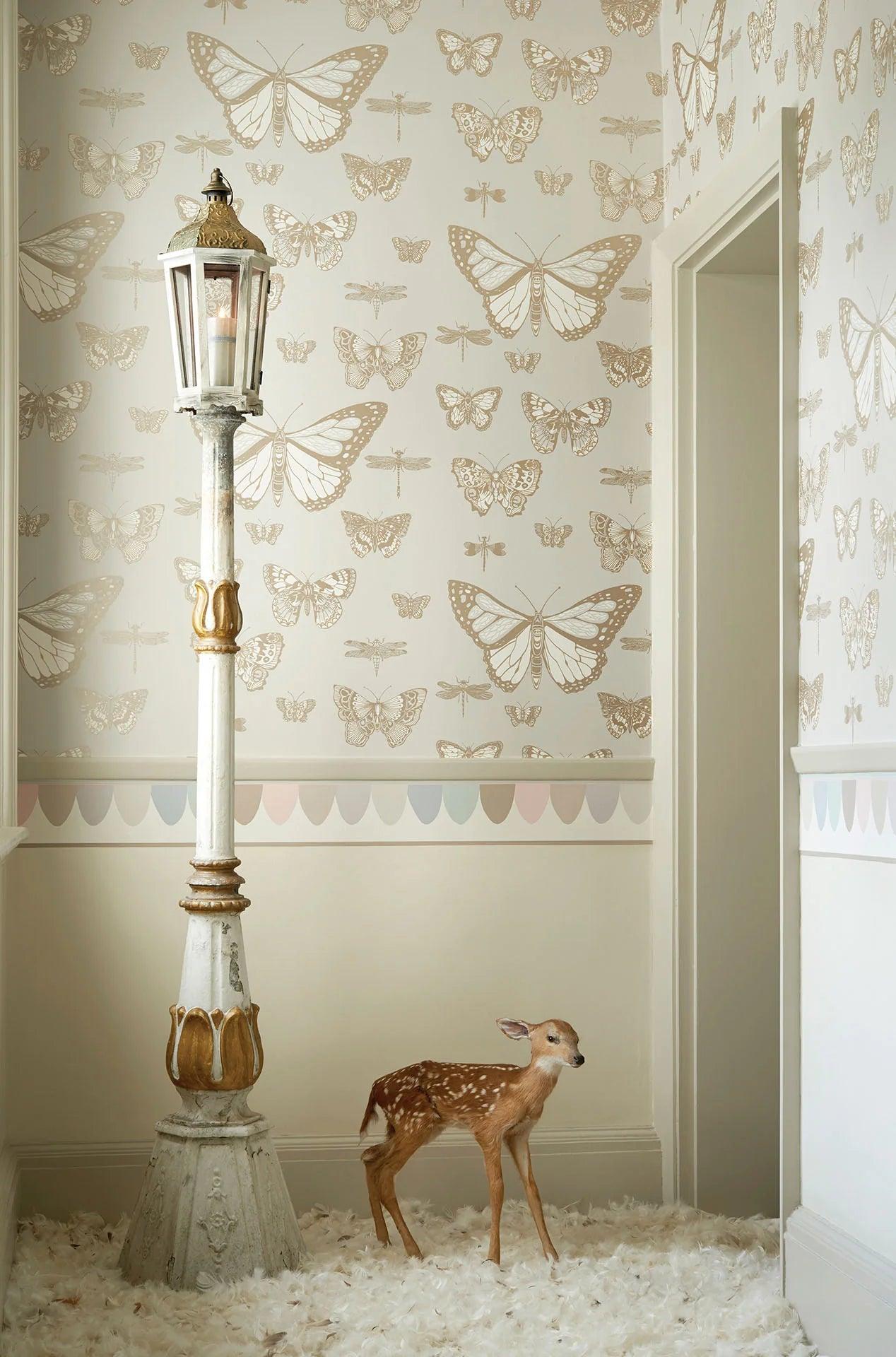 Whimsical Animal-Themed Wallpaper - Butterflies & Dragonflies Pink on Cream