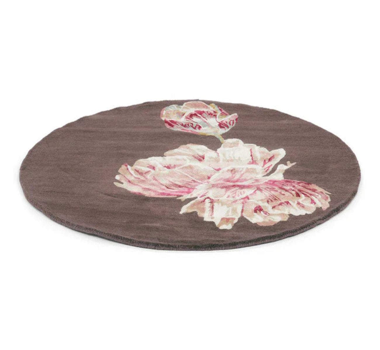Runder Teppich TRANQUILITY ROUND AUBERGINE mit braunen und rosa Blumen [Monika] [Amelia spr]