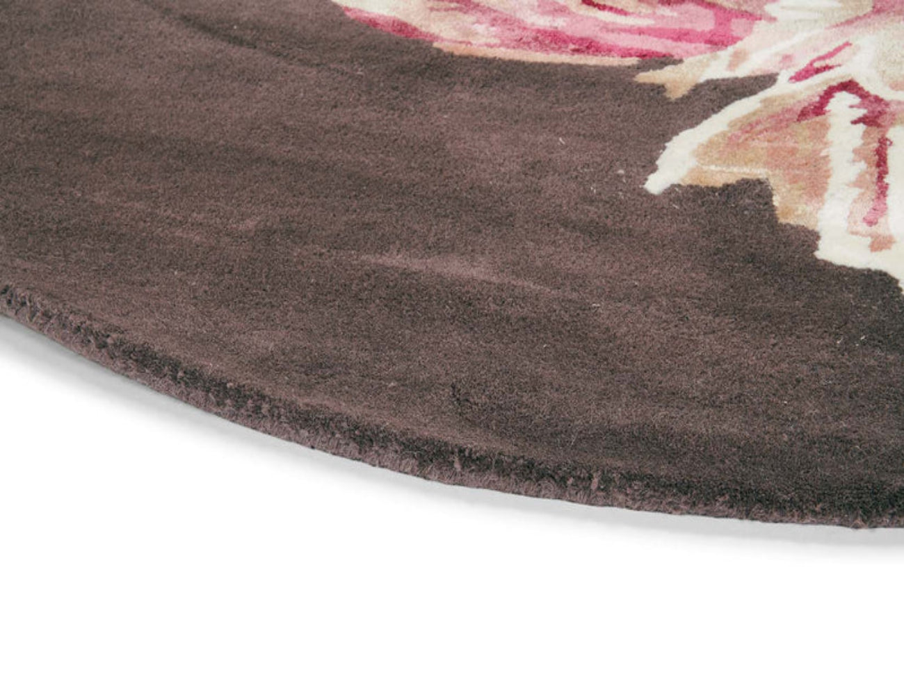 Runder Teppich TRANQUILITY ROUND AUBERGINE mit braunen und rosa Blumen [Monika] [Amelia spr]