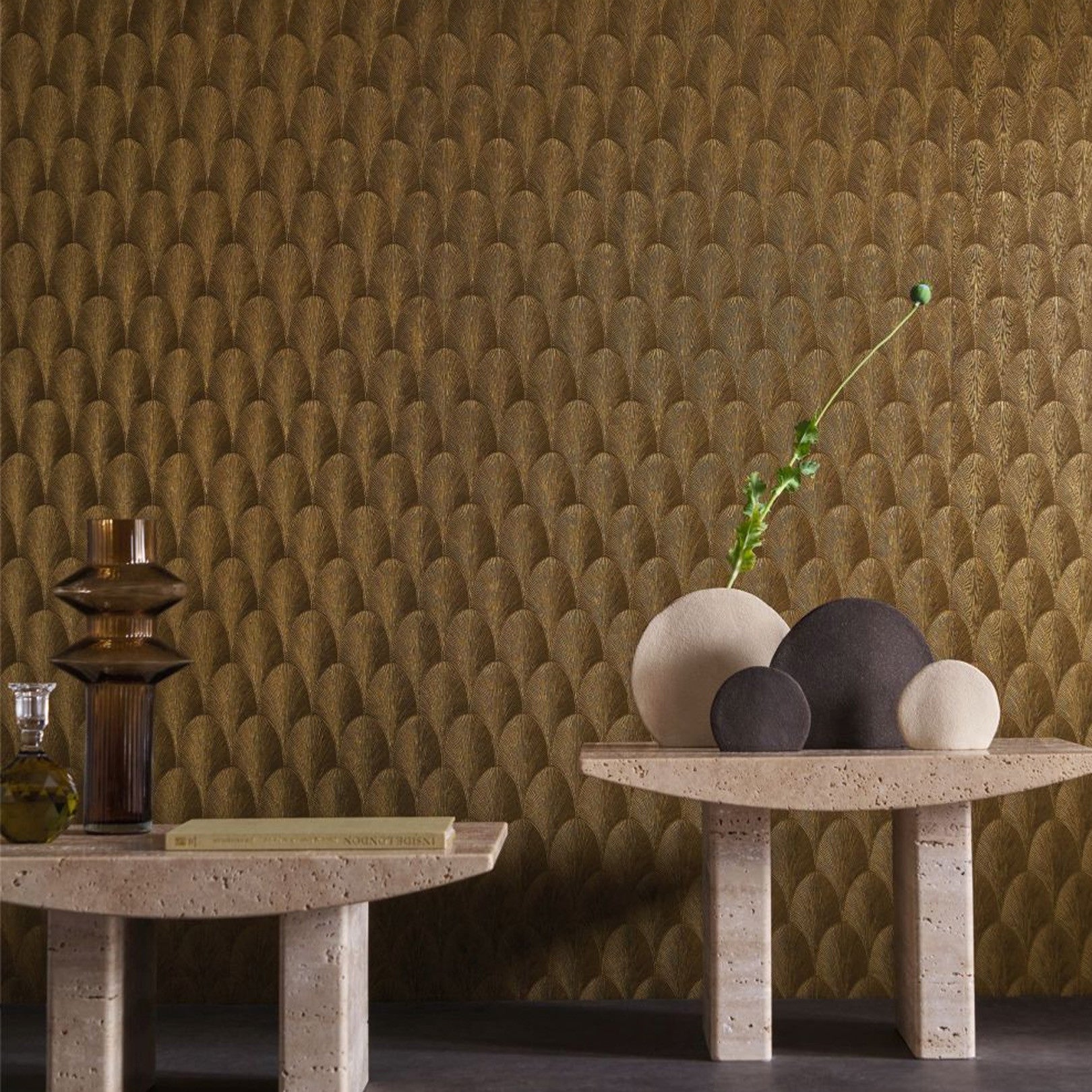 Metallic Wallpaper with Geometric Pattern TOURMALINE - DORE/FONCE Brown with Gold