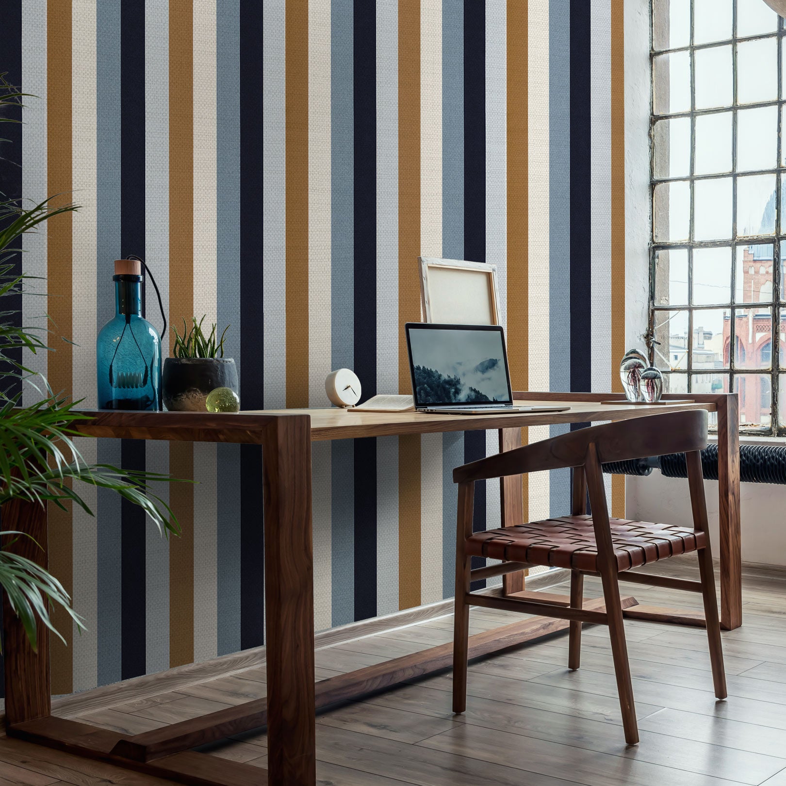 Strukturierte Tapete mit Streifen TRANSAT - BLEU PERSAN/OR blau mit orange