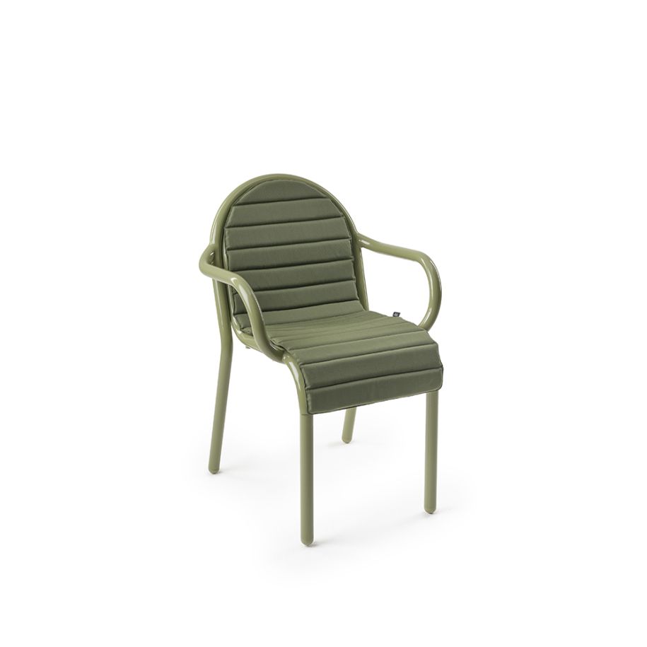 A chair with armrests outer green groove